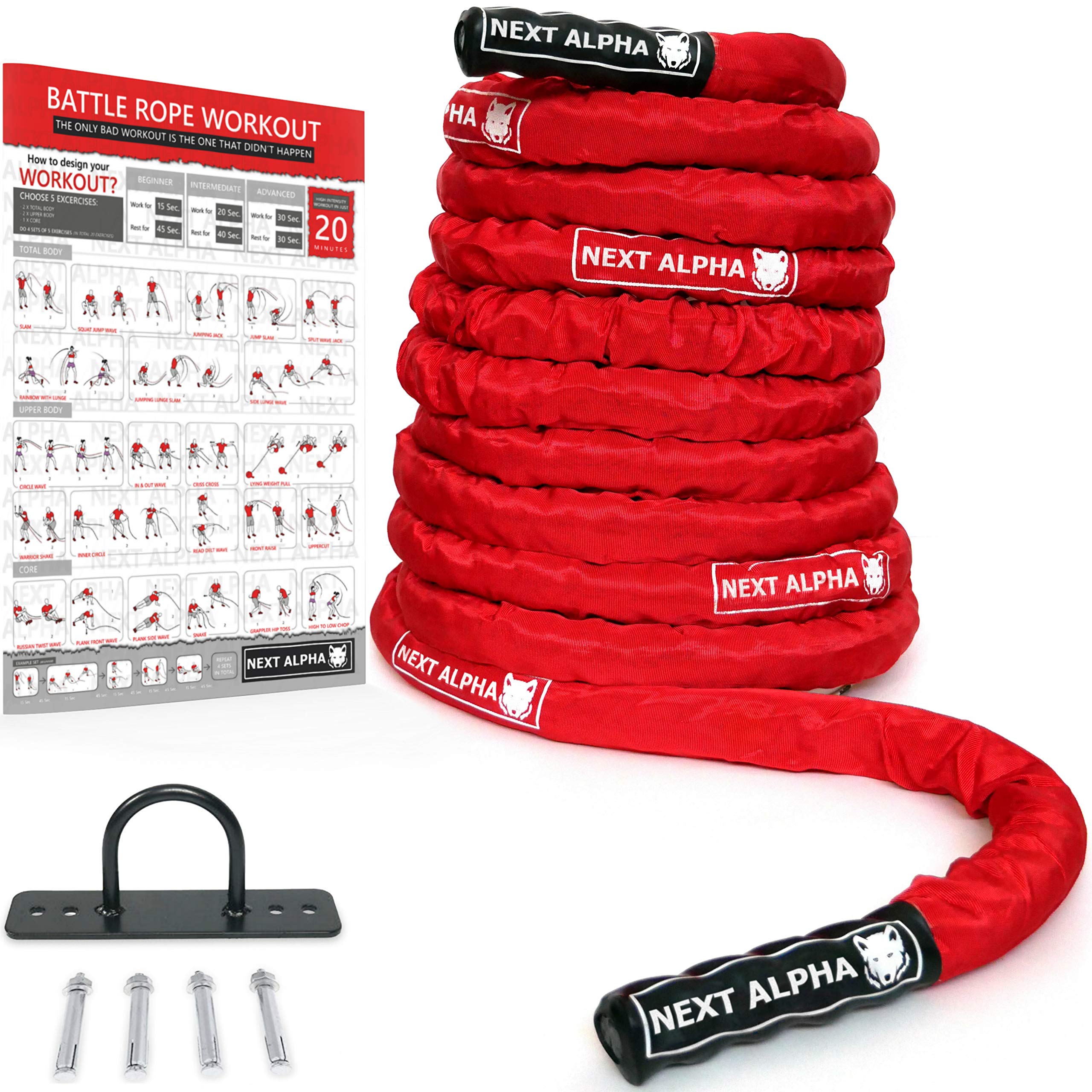 Battle Rope, 38mm/50mm, 9m/12m/15m, Schutzhülle, Wandanker, Workout Instruction Poster
