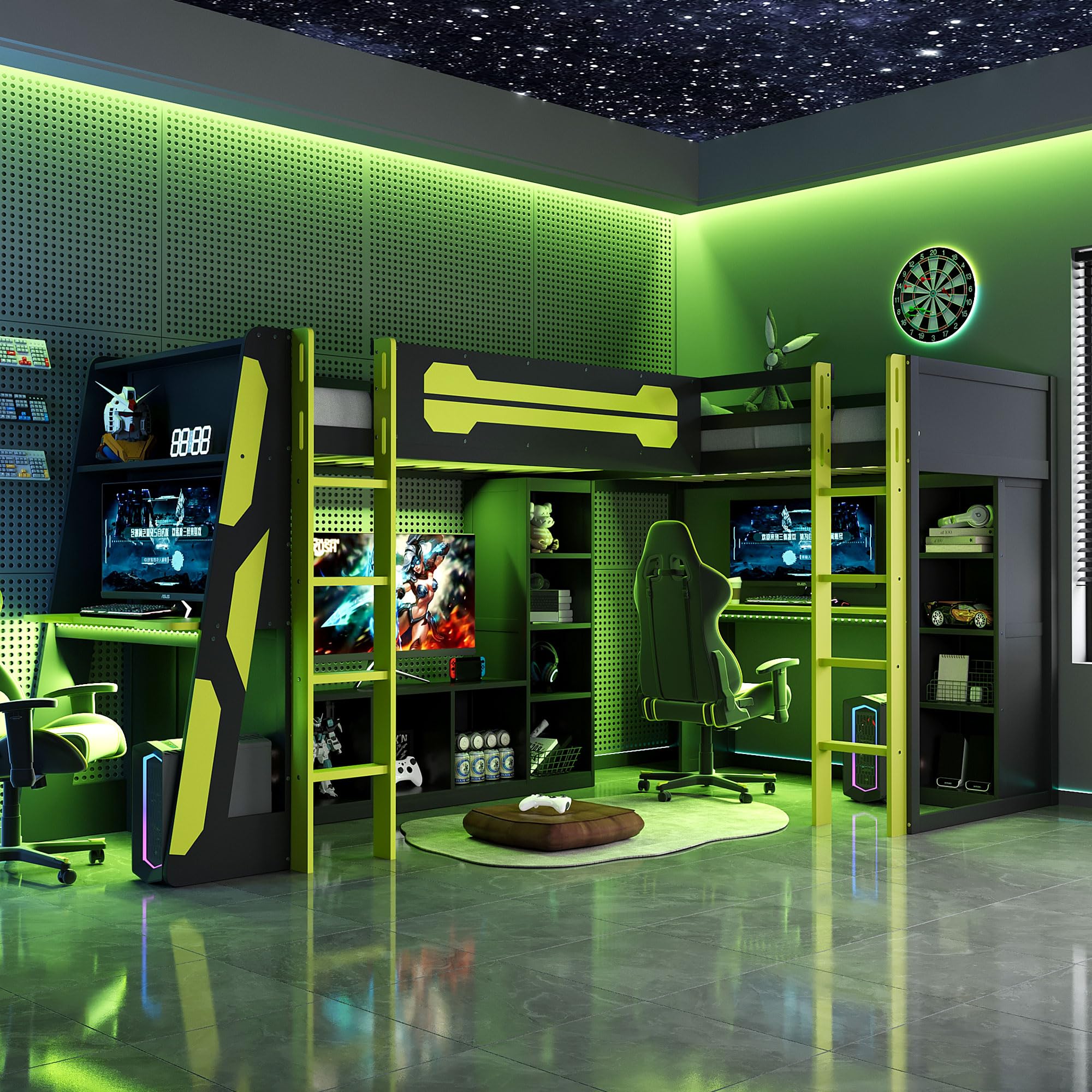 Merax Twin Size Gaming Loft Bed with Desk, TV Stand and Storage Shelves, Solid Wood Dual Twin Bed Frame with RGB LED Lights & USB Ports for Teens