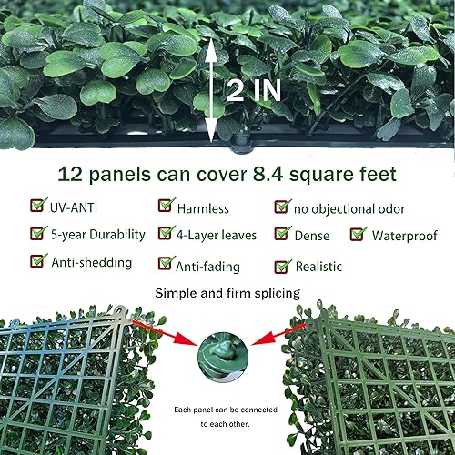 Miniatura 3 de Paneles de pared de césped artificial, 10 x 10 pulgadas, 12P (8.4 pies cuadrados), paneles de boj verdes más densos para decoración de pared verde