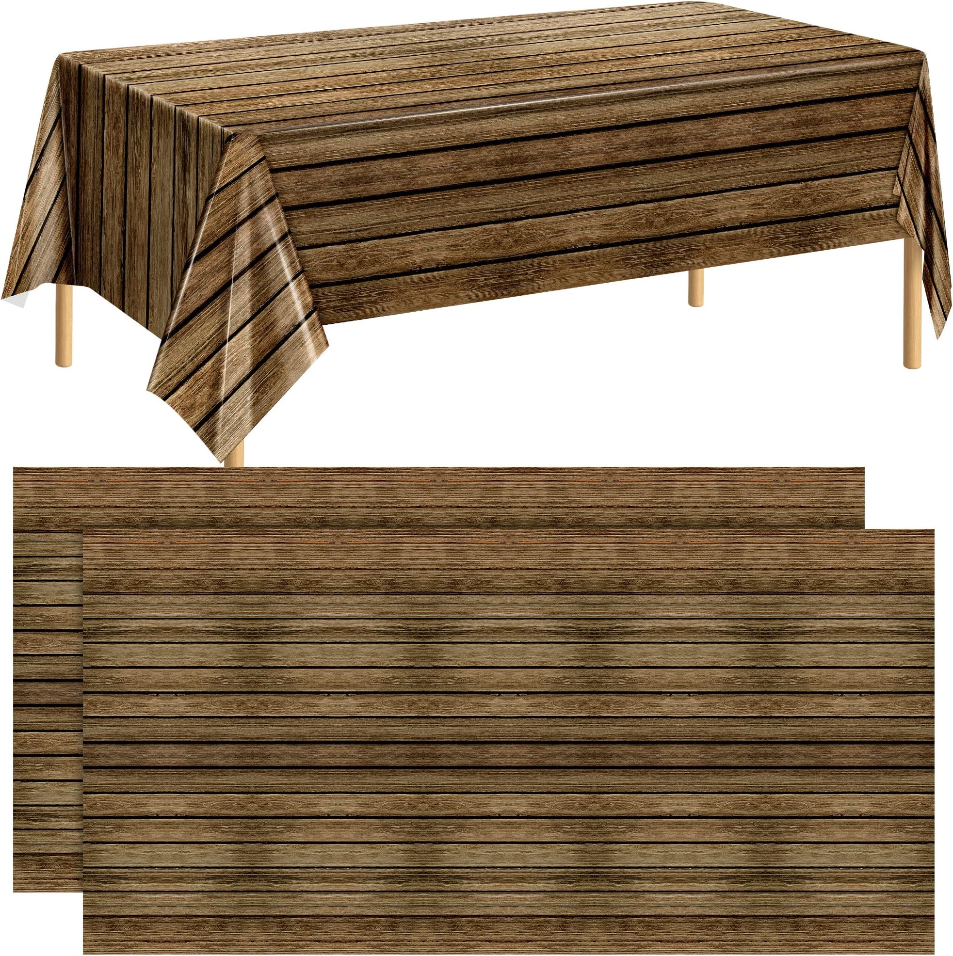 durony 2 Pieces Plastic Wood Grain Tablecloths Table Covers 54 x 108 Inch Plastic Waterproof Rustic Table Cover for Western Barn Themed Party Birthday Wedding Party Table Decor