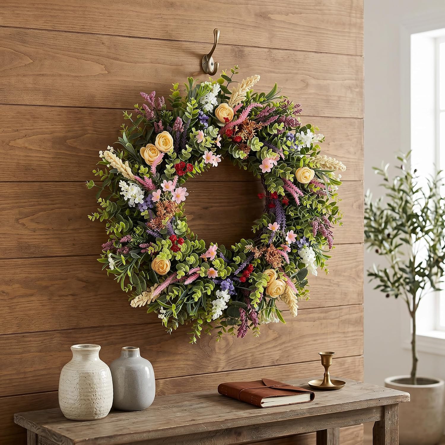 Lush Eucalyptus Wreath for Front Door - 24" Colorful Floral Wreath with 10+ Mixed Foliage & Blooms - All-Season Farmhouse Outdoor Wreath for Spring Summer Porch Wall Decor
