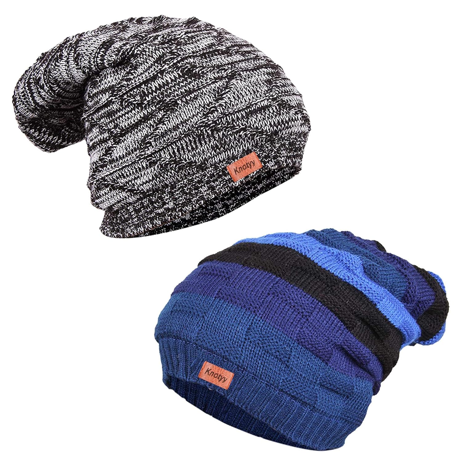 Knotyy Men’s Woollen Knitted Slouchy Beanie Caps (Grey-Navy Blue; Free Size) Combo Pack of 2