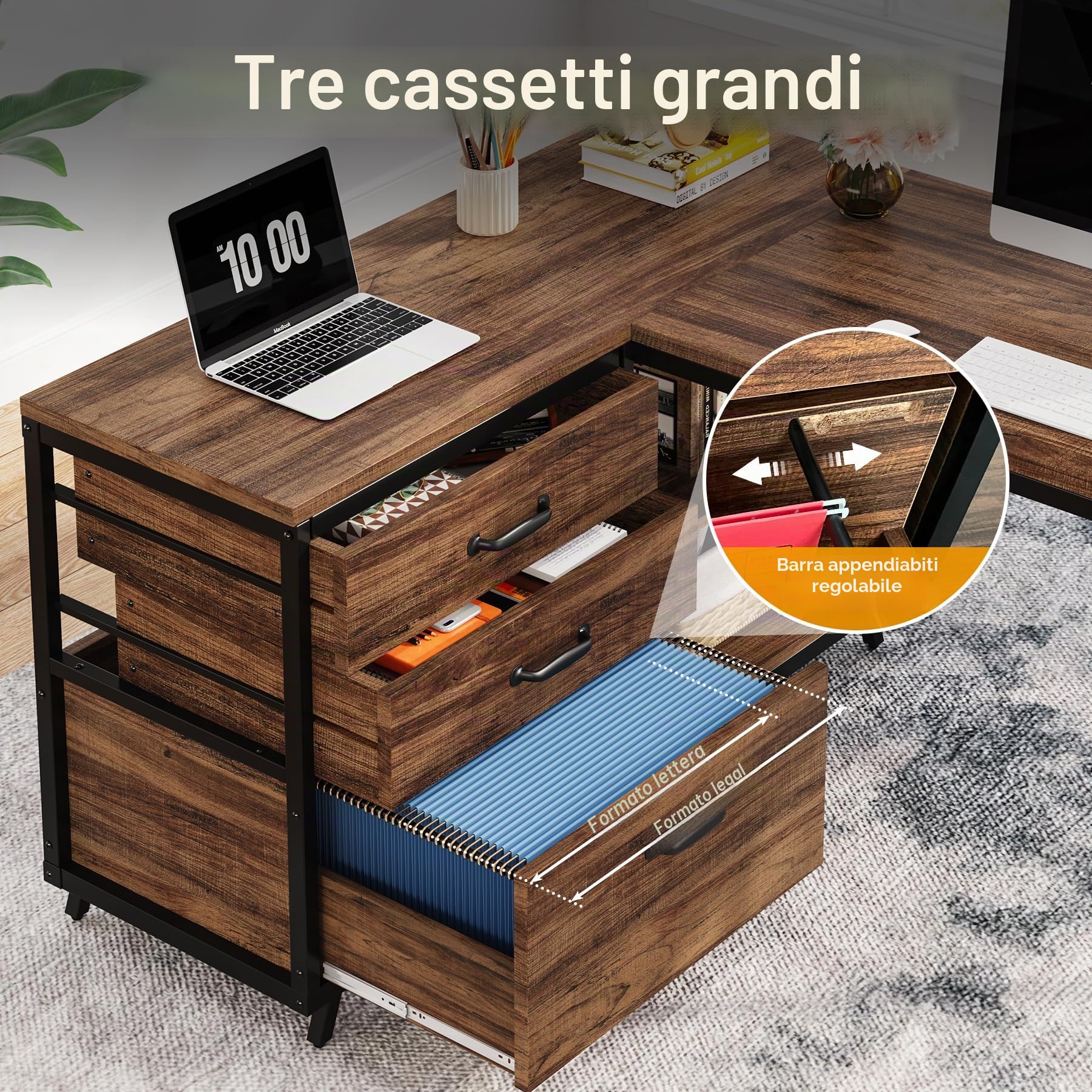 Tribesigns Scrivania per computer a forma di L con 3 cassetti, scrivania angolare reversibile per casa e ufficio con ripiani, scrivania industriale per PC da 130 cm, postazione di lavoro per piccoli