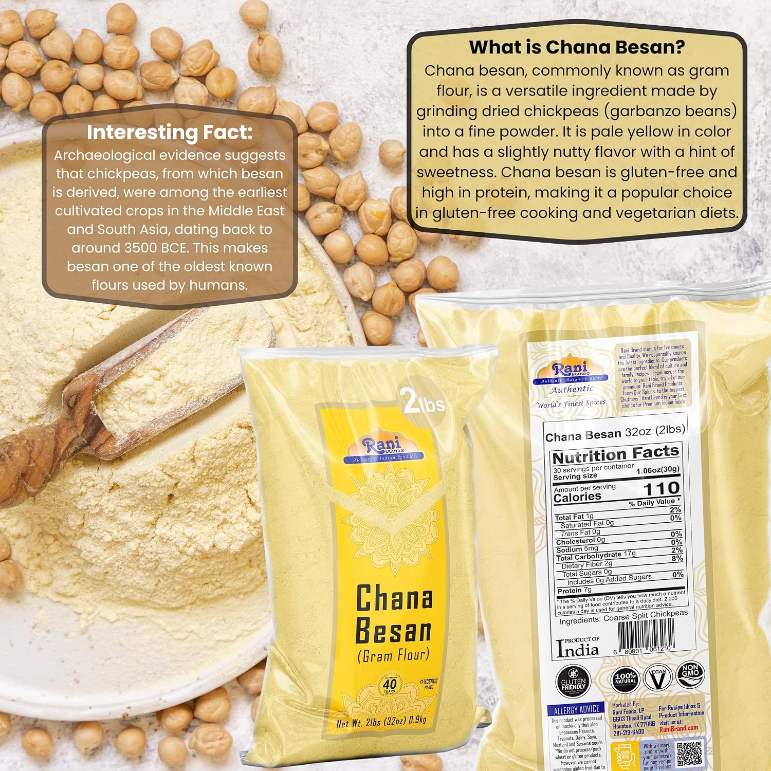 Rani Chana Besan (Chickpeas Flour, Gram) 32oz (2lbs) 908g ~ All Natural | Vegan | Gluten Friendly | NON-GMO | Kosher | Indian Origin image 2