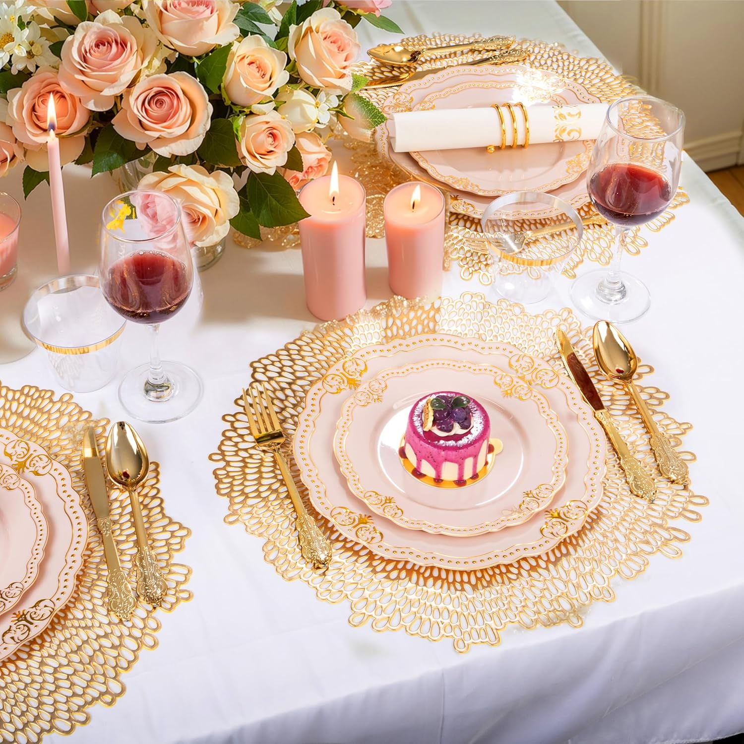 Ciaell 12 Pack Plastic Wine Glasses and14 Oz Wine Glasses with Stem - 175 PCS Pink and Gold Plastic Plates - Fancy Gold Disposable Dinnerware Set for Easter & Weddings