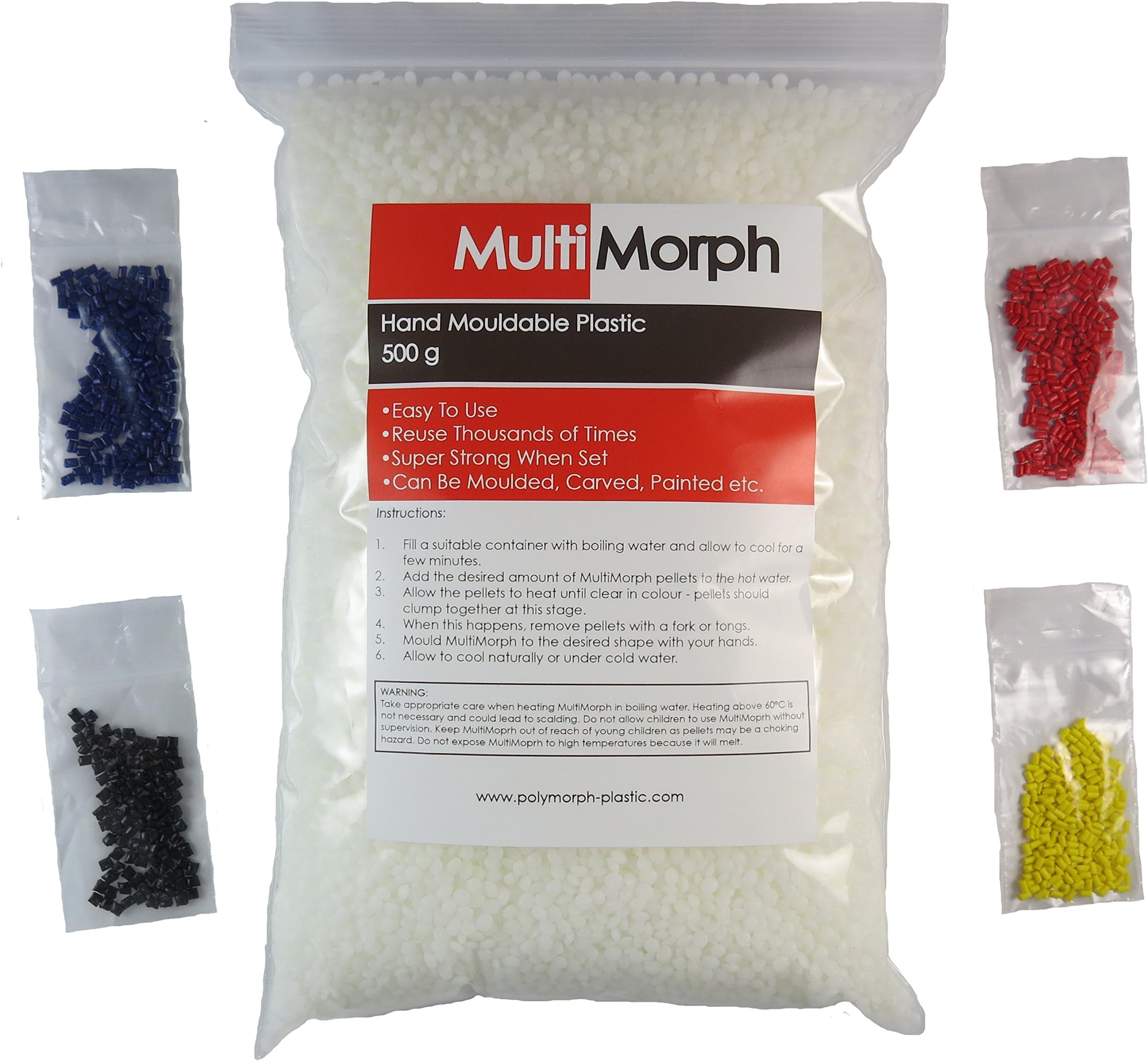 Polymorph Mouldable Plastic Pellets 500g with 4 Free Colouring Sachets in Resealable Bag Made in UK, Red-Black-Yellow-Blue