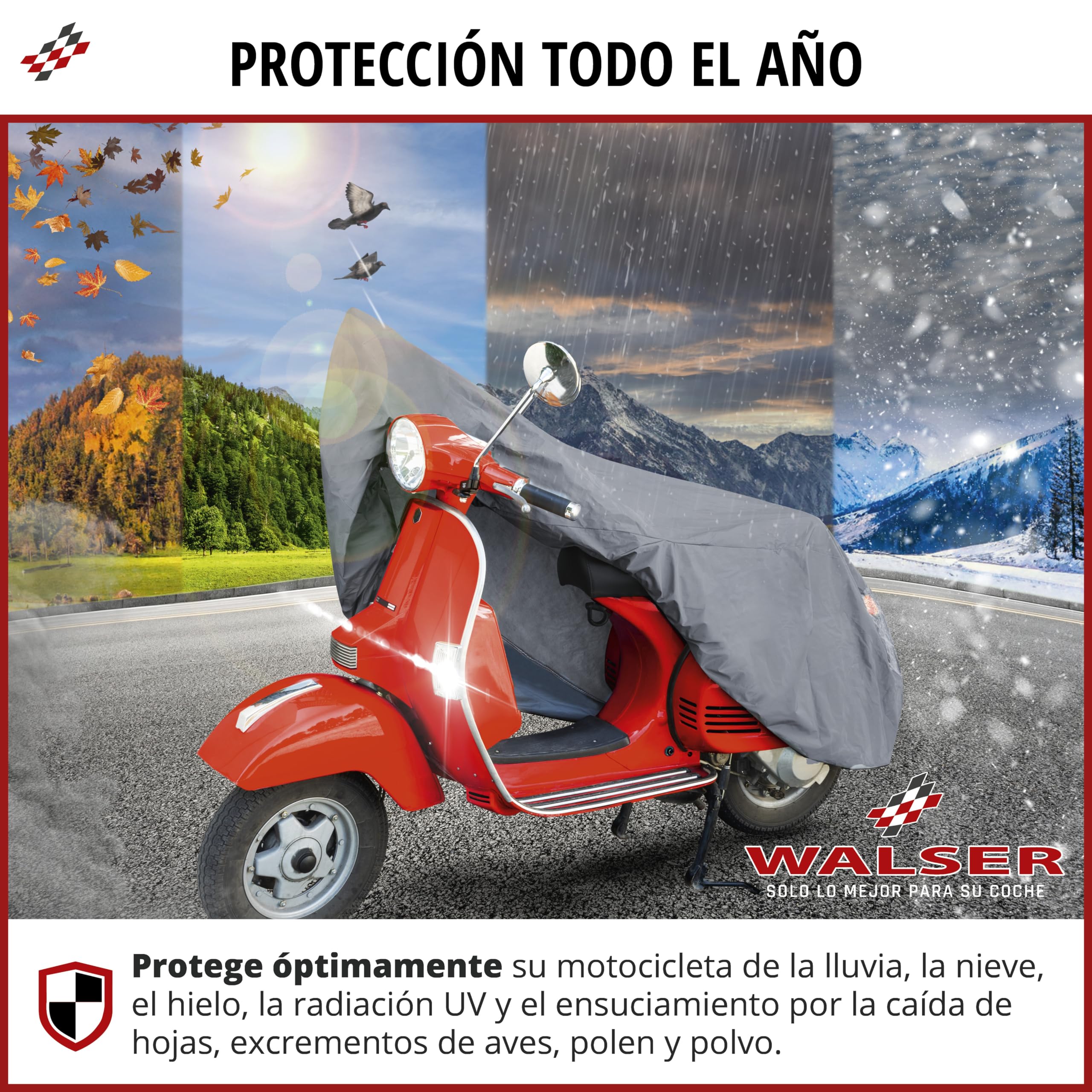 WALSER Lona Moto S de PVC Resistente Lona Impermeable, Premio Muy Bueno* Funda Compatible con Vespa, Cubierta Moto al Aire Libre, Cubierta Motocicleta con Bolsa Gris 185x90x110cm