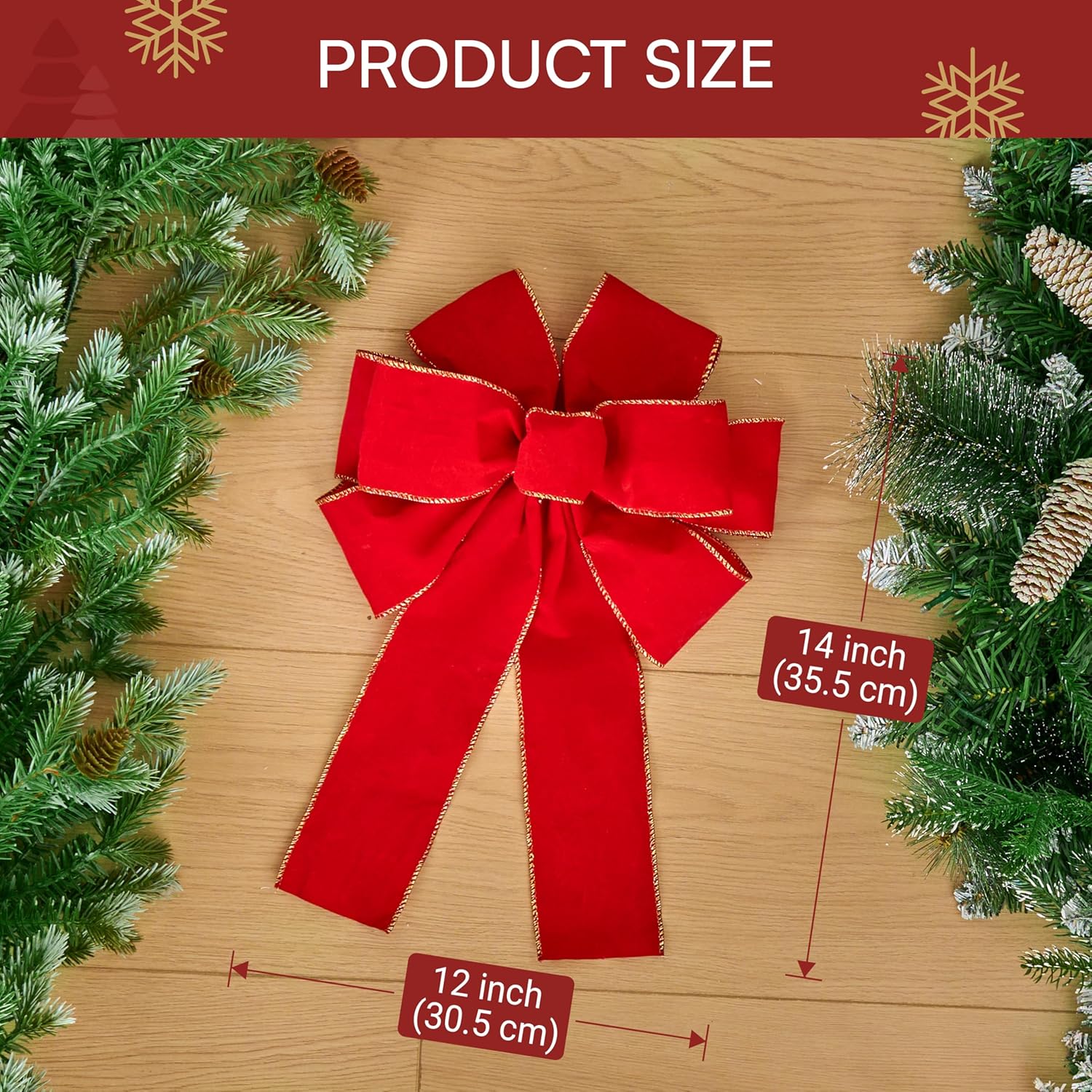 JOYIN 12 PCS Christmas Red Velvet Bows 14 x 12, Large Xmas Golden Edged Red Velvet Bow Tree Decor for Christmas Home Wreath Decoration