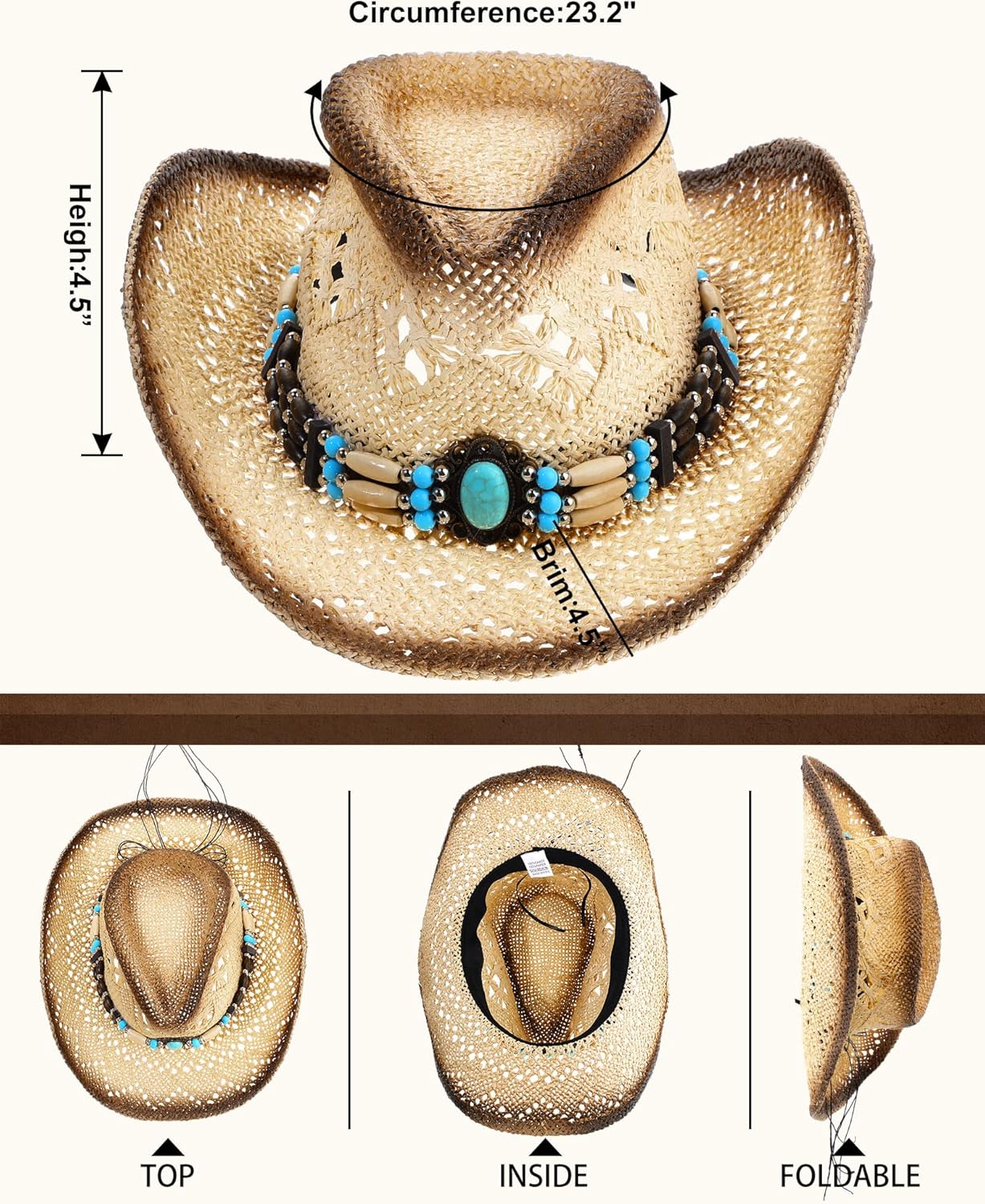 Janmercy 4 Pcs Boho Jewelry Set Straw Cowboy Hat with Vintage Synthetic Turquoise Necklace, Bracelets, Earrings for Women - Image 2