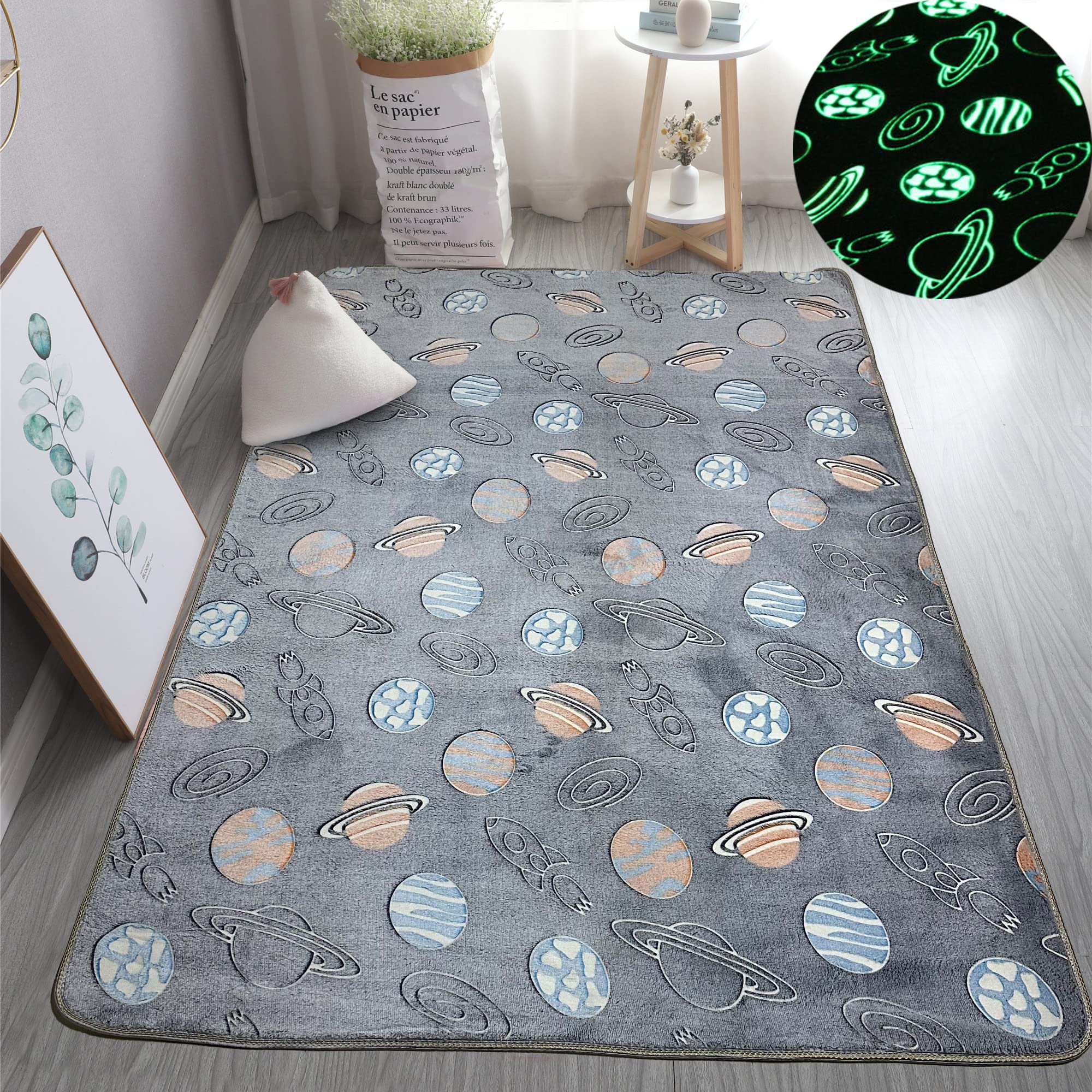 Gefosin Luminous Area Rug Glow in The Dark for Bedroom Living Room, Unique Soft Washable Modern Indoor Rugs for Children Dorm Home Decor, Grey Planet