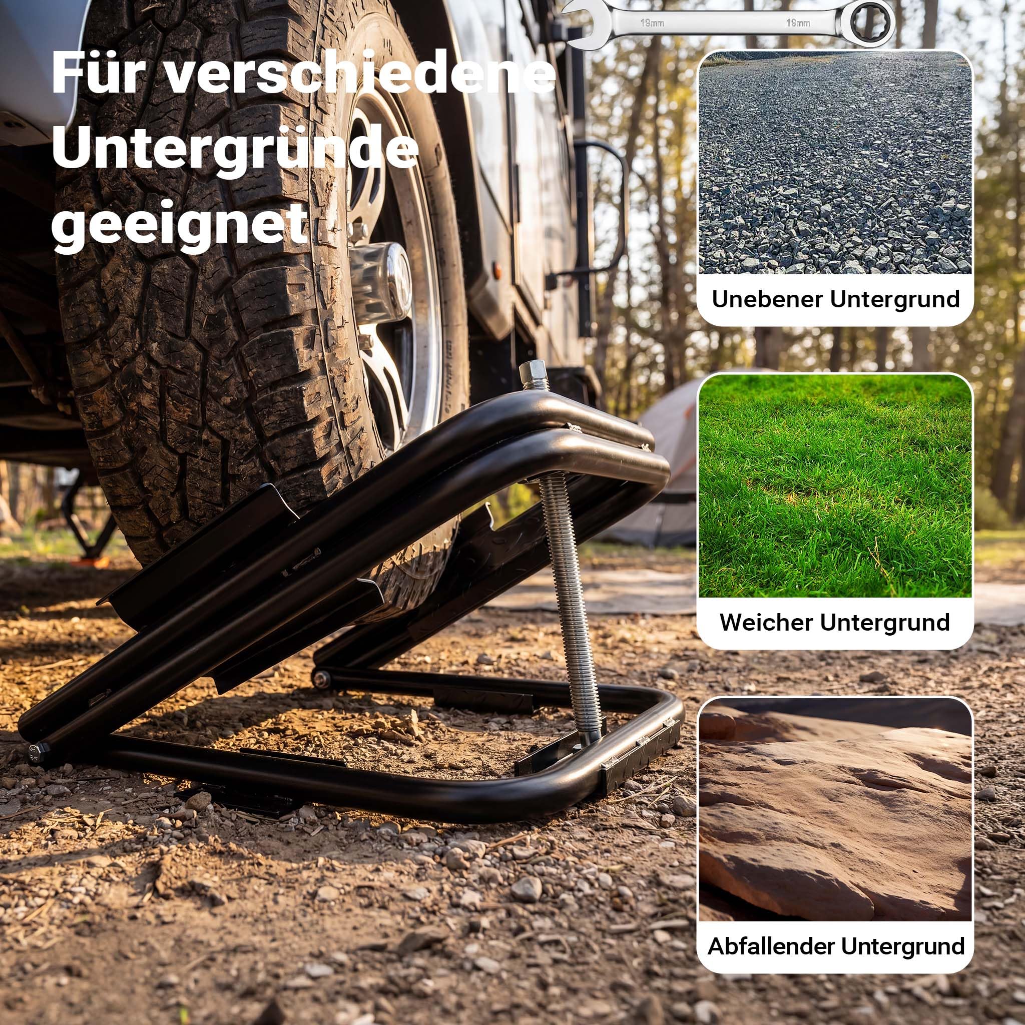 Wiltec Wagenheber für Wohnmobil bis 1360 kg, Nivellierer Wohnwagen 14“-15“ Reifen, robuster Ausgleichskeil Stahl, Auffahrkeil inkl. Schraubenschlüssel