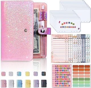 Budget Binder, Cash Envelopes für Budgetierung, Geld Organizer mit 6-Ring Sparbinder, A6 Finanzplaner (Funkelnd Rosa)