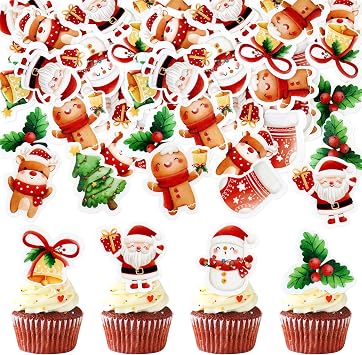 Ercadio 40 Pcs Edible Christmas Cupcake Toppers Santa Claus Christmas Tree Snowman Bells Cupcake Drink Topper Picks for Celebrating Eve Xmas New Year Holiday Party Cake Decorations