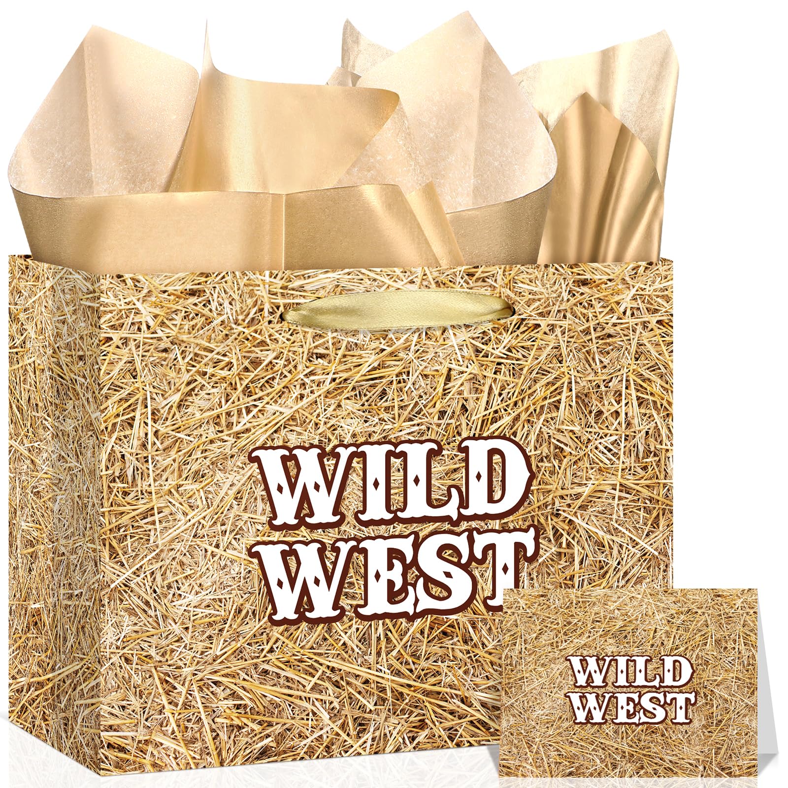 Fake Hay Bales Wild West Gift Bag with Card & Tan Wrapping Papers,Straw Yeehaw Happy Trails Western Gift Bag for Rodeo,Cowgirl Cowboy Birthday,Western-themed Wedding,Country Farm Party Goodie TreatBag