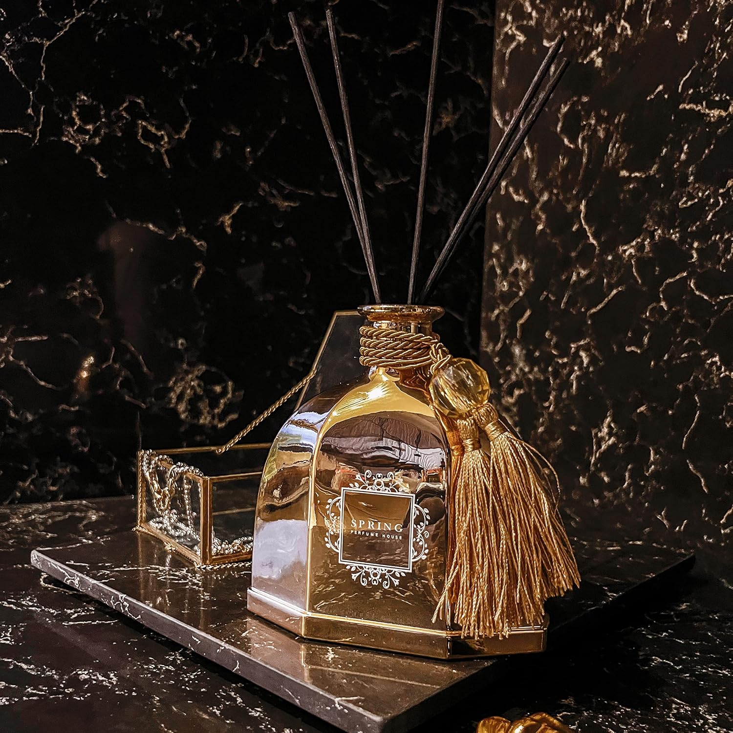 SPRING Fragrance Gold Reed Diffuser Set, Extra Large 10.14 Oz (300ml), Fragrance Made in France, Jasmine, Lily of The Valley, Tuberose, Air Fresheners for Home/Luxury Diffusers for Home