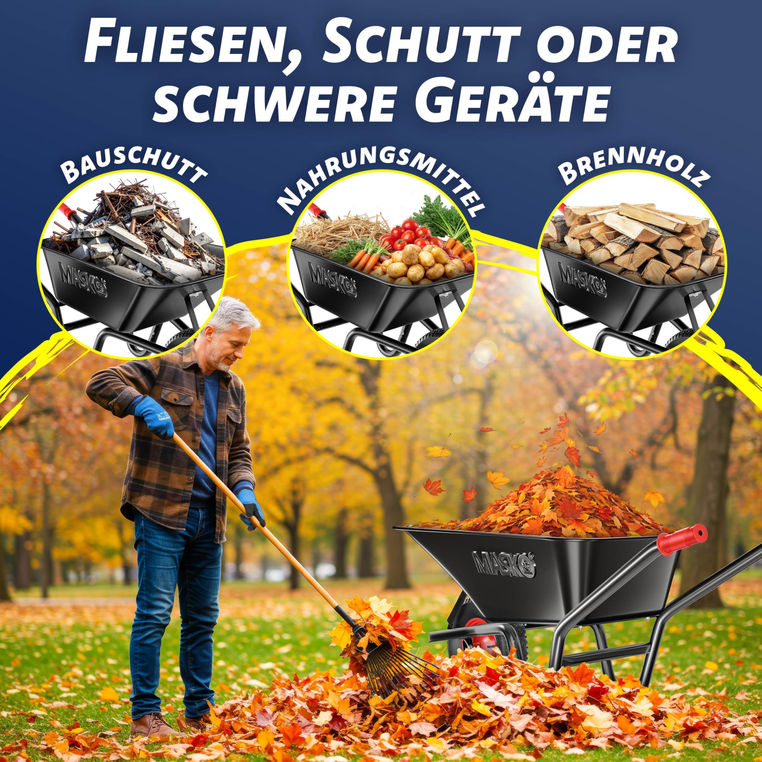 MASKO® Schubkarre Bauschubkarre Gartenschubkarre 100 Liter 250kg Luftreifen mit Stahlfelge + Ersatzschlauch Schubkarrenschlauch, verzinkt Stahlrahmen Garten Karre Schiebkarre Transportkarre Handschuhe