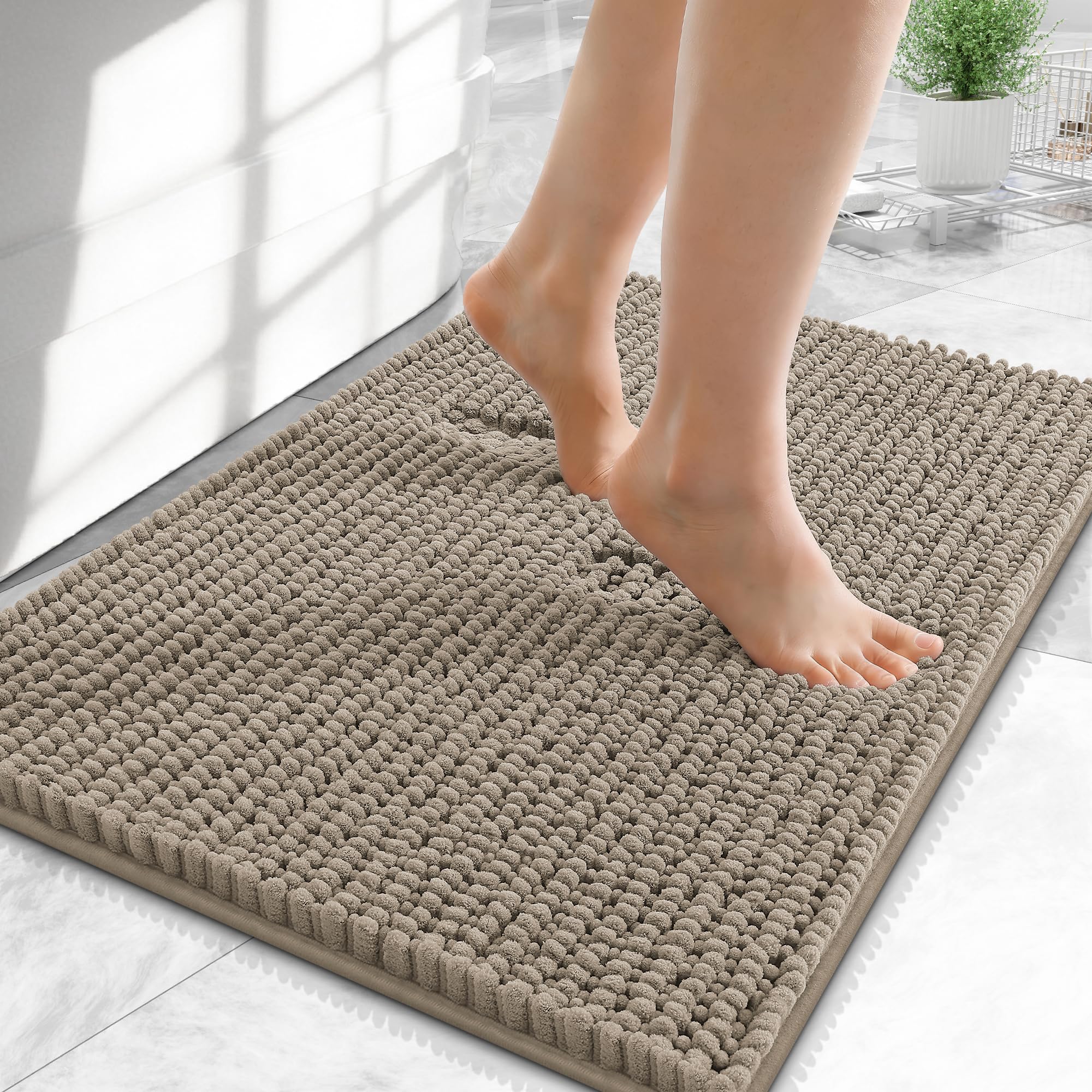 OLANLY Thick Chenille Small Bathroom Rugs Mats 24x16, Warm Taupe