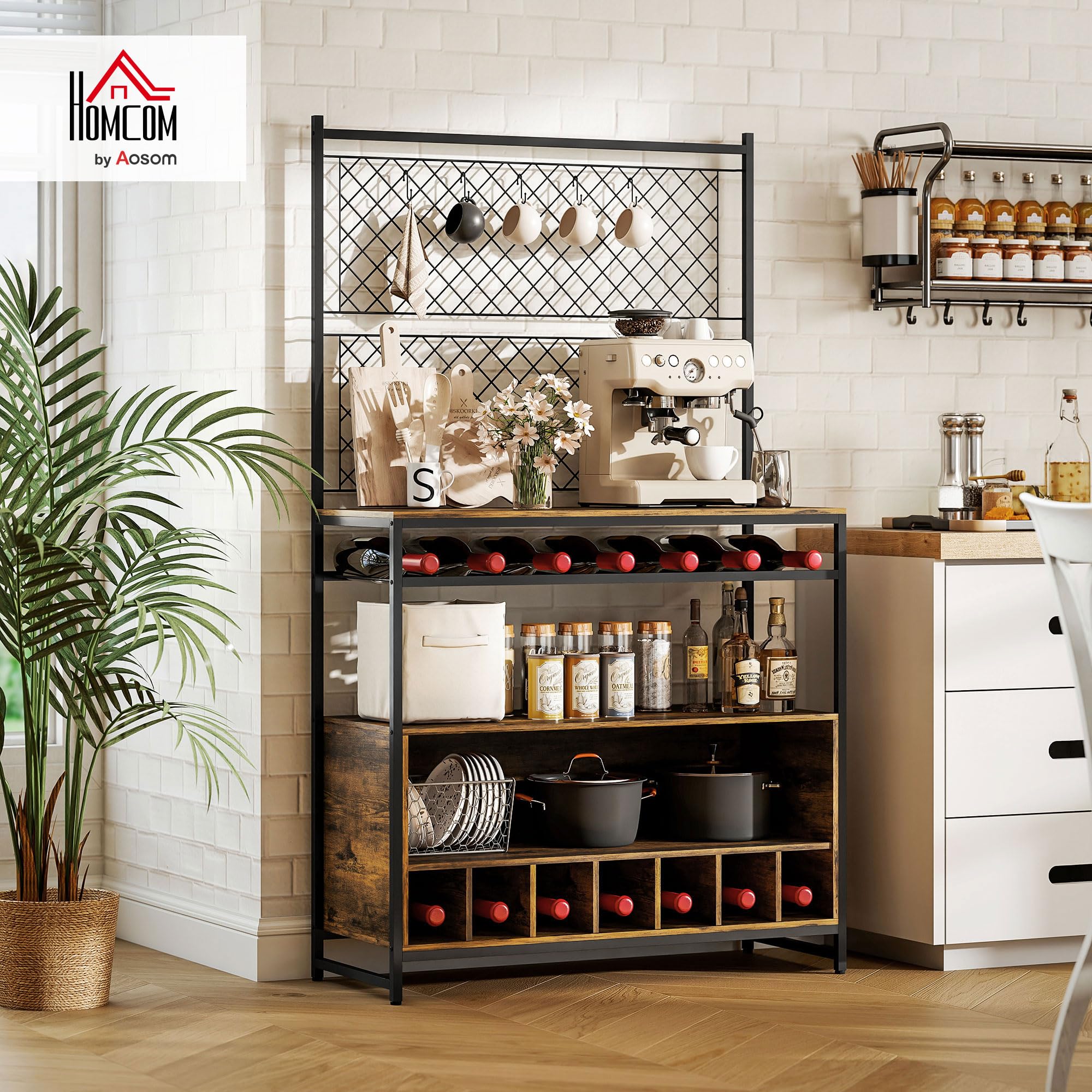 HOMCOM Küchenregal, Standregal mit 5 S-Haken, 2 Ablagen, Metallgitterpaneele, Kaffeebar mit Weinregal, Bäckerregal aus Metallrahmen, Rustikal-Braun, 96,5 x 38 x 165 cm
