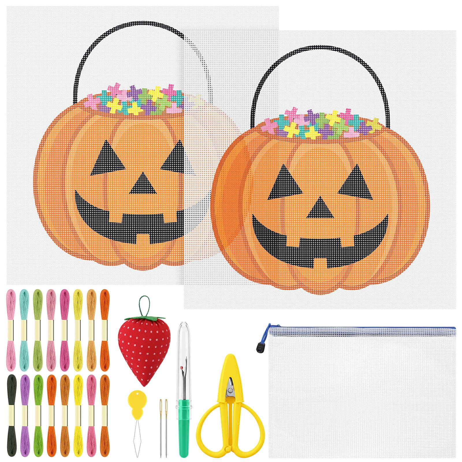 XunYee Juego de 30 cubos de calabaza de Halloween de 18 mallas de punto de aguja de lona pintado a mano para principiantes, adultos, 2 telas con patrón de Halloween de 7.8 pulgadas, enhebrador de