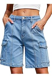 Bermuda Cargo Denim Shorts for Women Knee Length 6 Pockets Elastic Waist Long Jorts for Summer Casual