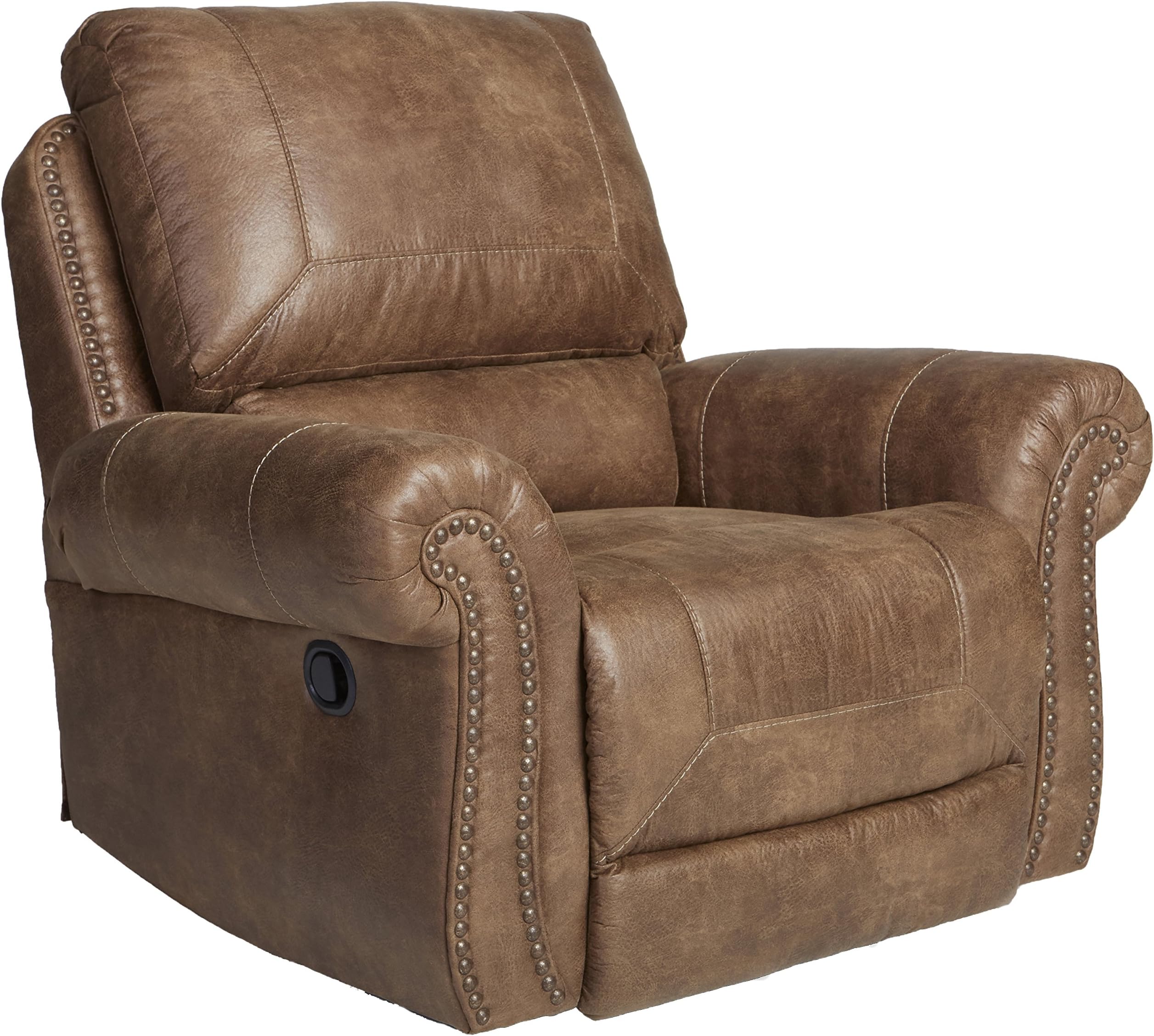 Signature Design by Ashley Larkinhurst Faux Leather Manual Rocker Recliner with Nailhead Trim, Brown