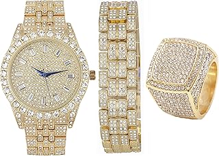 Mens Hip Hop Timepiece - Big Rhinestones on Trim and Elegant Baguette Time Indicators on Dial - Master Bling Designer Look w/Bling'ed Out Matching Bracelet and Bling Ring - ST10226MR Gold Set