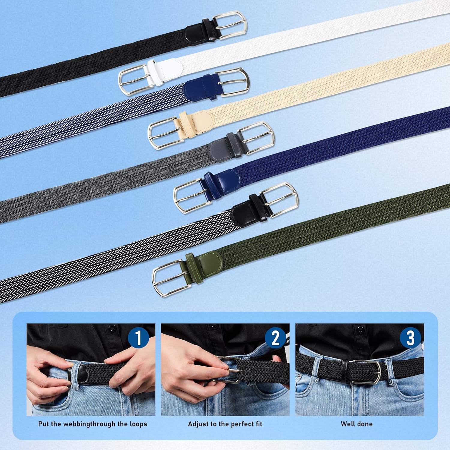 Mens Belts, 2 Pack Woven Golf Casual Belts, Mens Elastic Band Casual Jeans Gifts - Image 5