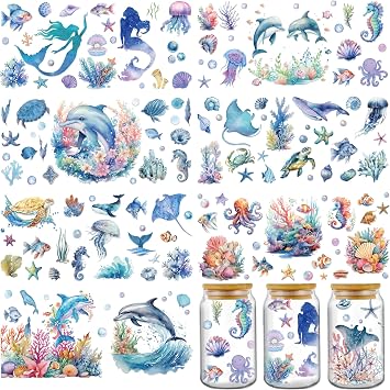 AFRITEE Transfer Cup Wraps Stickers - 8 Sheets Sea Animals UV DTF Cup Wraps for 16 oz Glass Coffee Mug, Dolphin Mermaid Seahorse Rub on Transfer Stickers for DIY Water Bottle Suitcase Craft Decorate