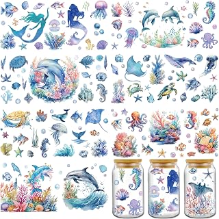 AFRITEE Transfer Cup Wraps Stickers - 8 Sheets Sea Animals UV DTF Cup Wraps for 16 oz Glass Coffee Mug, Dolphin Mermaid Seahorse Rub on Transfer Stickers for DIY Water Bottle Suitcase Craft Decorate