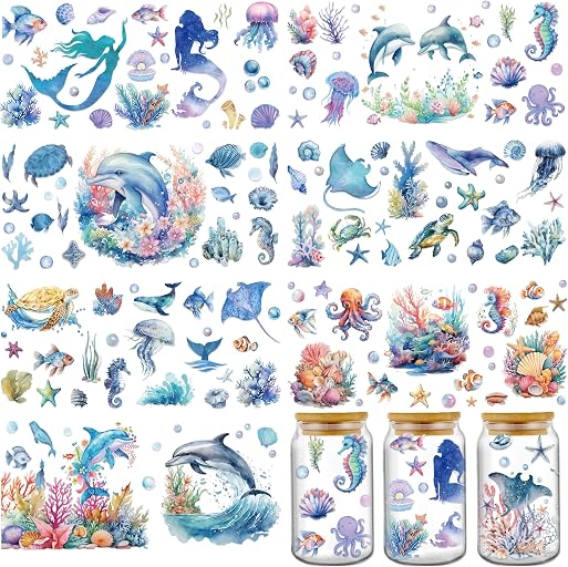 AFRITEE Transfer Cup Wraps Stickers - 8 Sheets Sea Animals UV DTF Cup Wraps for 16 oz Glass Coffee Mug, Dolphin Mermaid Seahorse Rub on Transfer Stickers for DIY Water Bottle Suitcase Craft Decorate