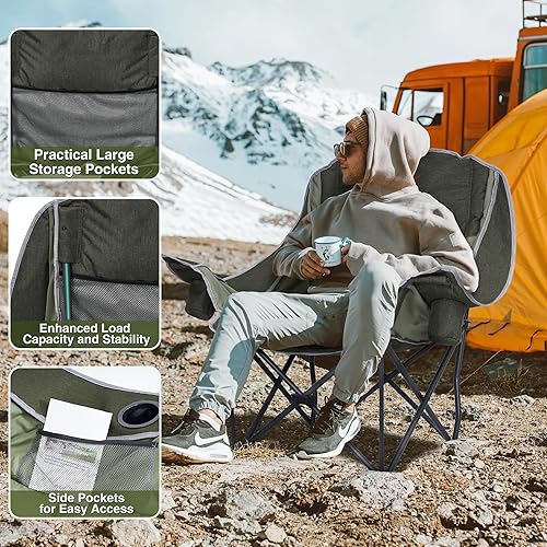 Miniatura 5 de Silla de campamento de gran tamaño, sillas de campamento acolchadas plegables portátiles con bolsillo lateral, soporte para tazas, soporte