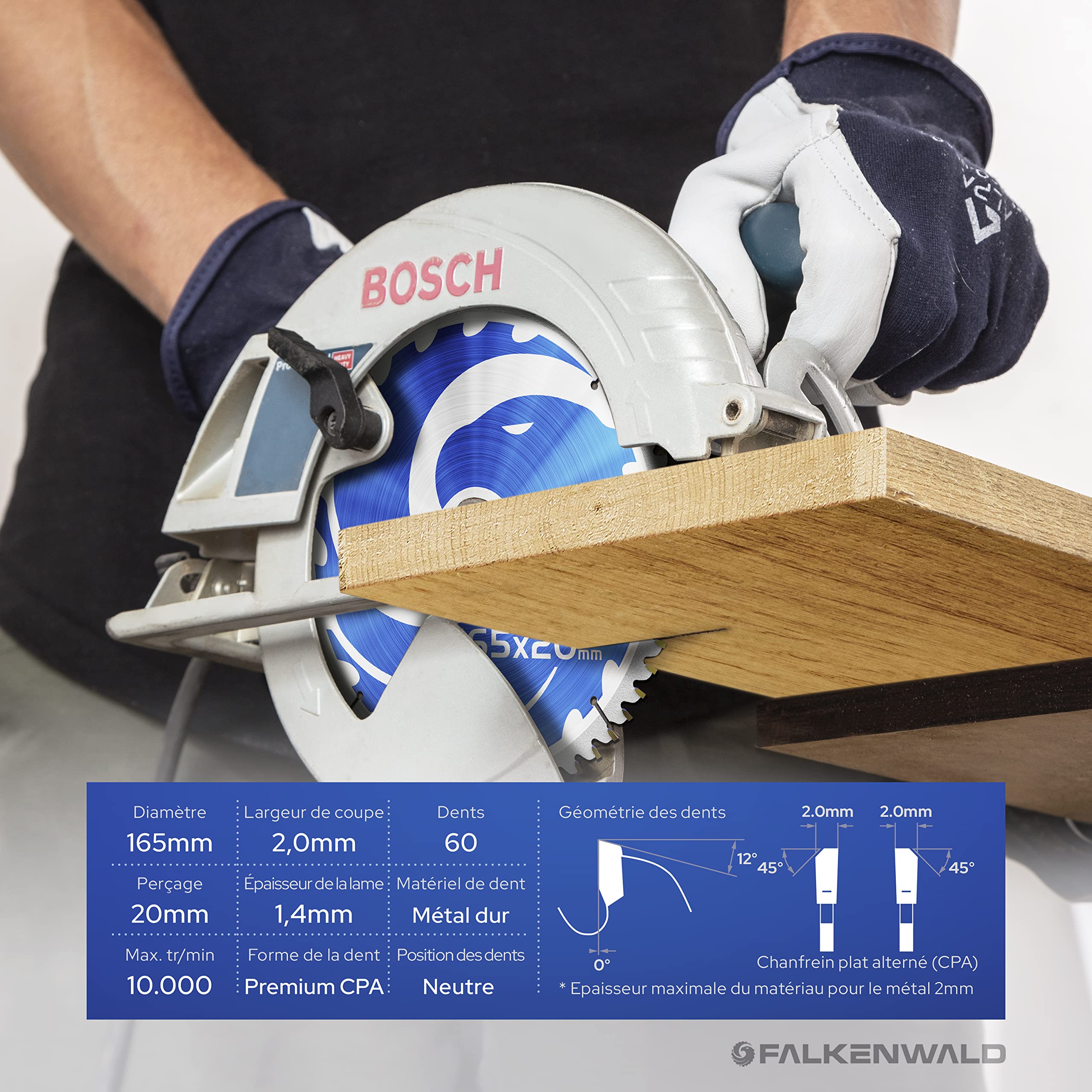 FALKENWALD Lame scie circulaire 165 x 20 mm 60 dents métal dur pour bois métal plastique aluminium compatible Bosch Metabo