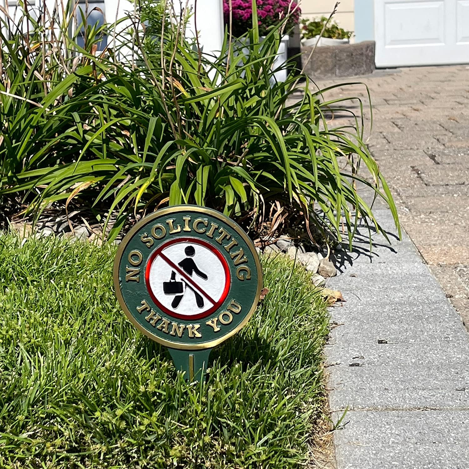 SmartSign “No Soliciting Thank You” Yard Sign for House/Garden/Lawn, 9.5 x 5.25 inch, 375 mil Thick Rustproof Cast Aluminum Plaque, Gold, Green and White