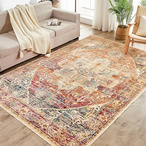 INGEROOM Alfombra de área de 8 x 10 pies, lavable, estilo bohemio, antideslizante, no desprende pelusa, alfombra vintage de lana sintética, 8 x 10