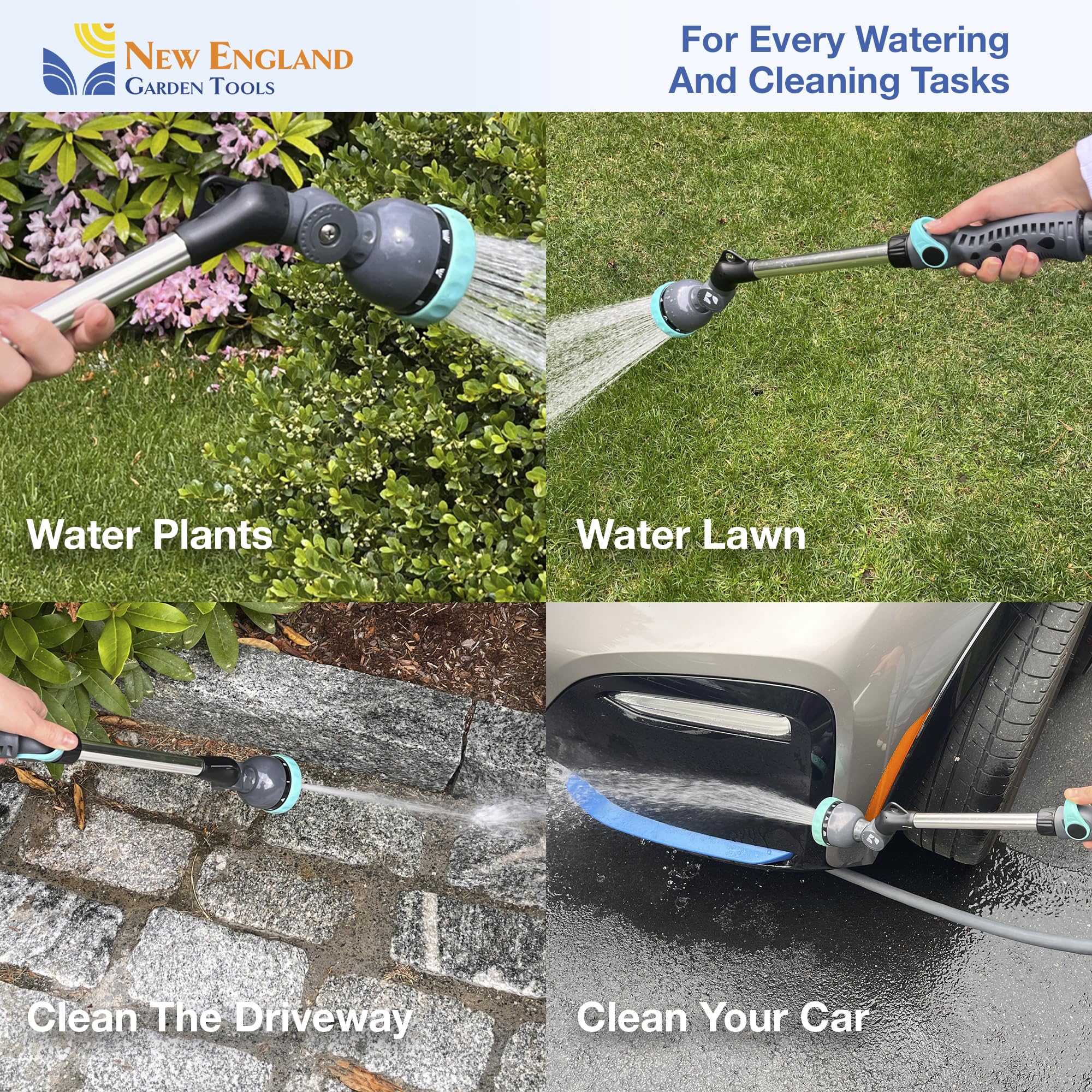 Varita de manguera de agua de 18 pulgadas con 9 patrones de pulverización y una cabeza pivotante 600001 con agarre cómodo y control de pulgar por New England Garden Tools para limpiar, regar plantas y