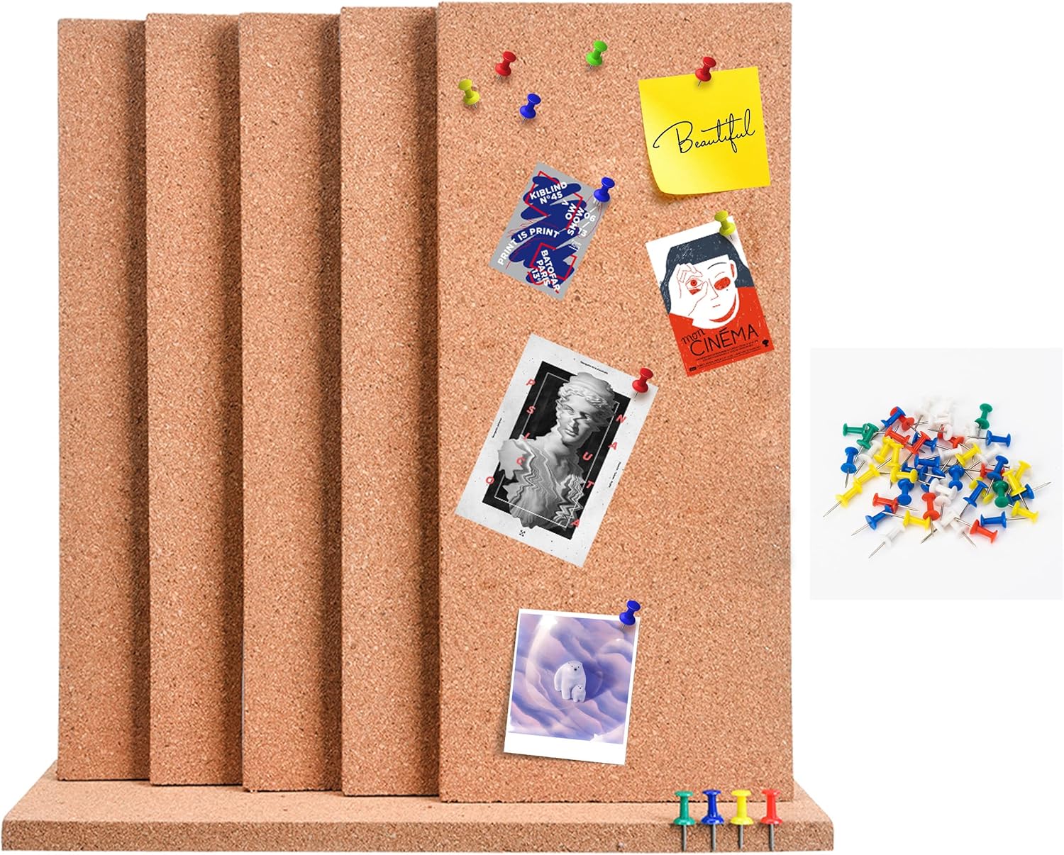 SUNGIFT Cork Bulletin Board 1/2" Thick Cork Boards 6 Pack Frameless Cork Tiles, 17 x 8 Inch, Self-Adhesive Corkboards Wall Decor with 50 PCS Pushpins for Office, School and Home