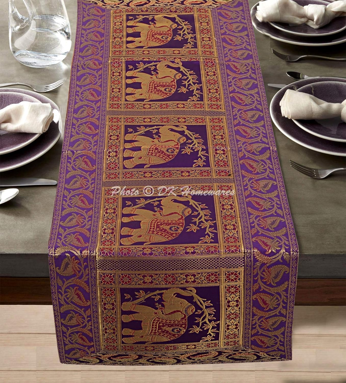 Indian Ethnic Centerpiece Birthday Parties Coffee Table Decor Purple Gold Brocade Satin 150 X 40 Cm Jacquard Elephant Floral 5 Foot Table Runner (60 X 16 Inches)