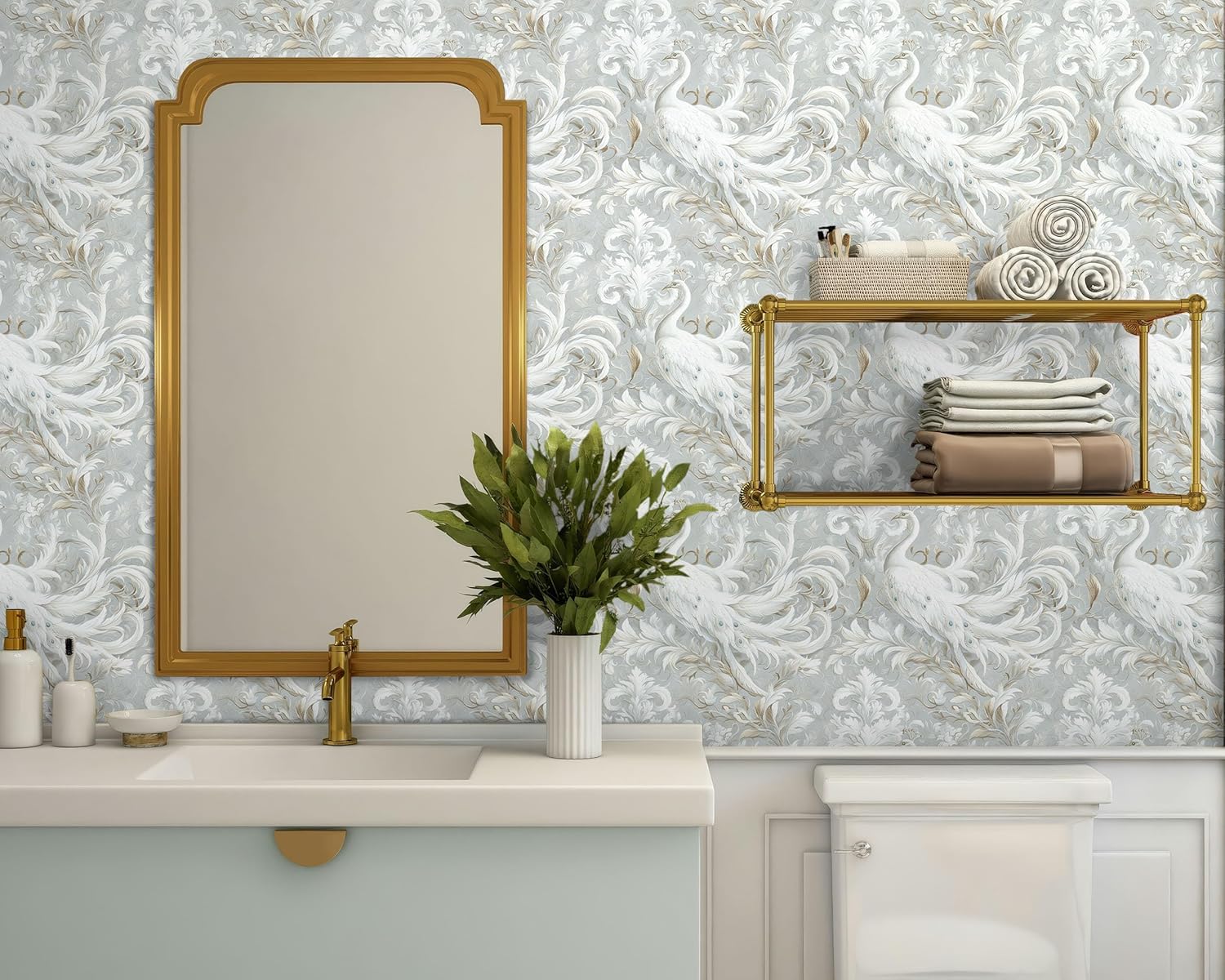 FLFK Peacock Wallpaper Peel and Stick Light Gray Blue Wall Paper for Bedroom Bathroom Living Room Apartment Ceiling Shlef Decor 16"x128"