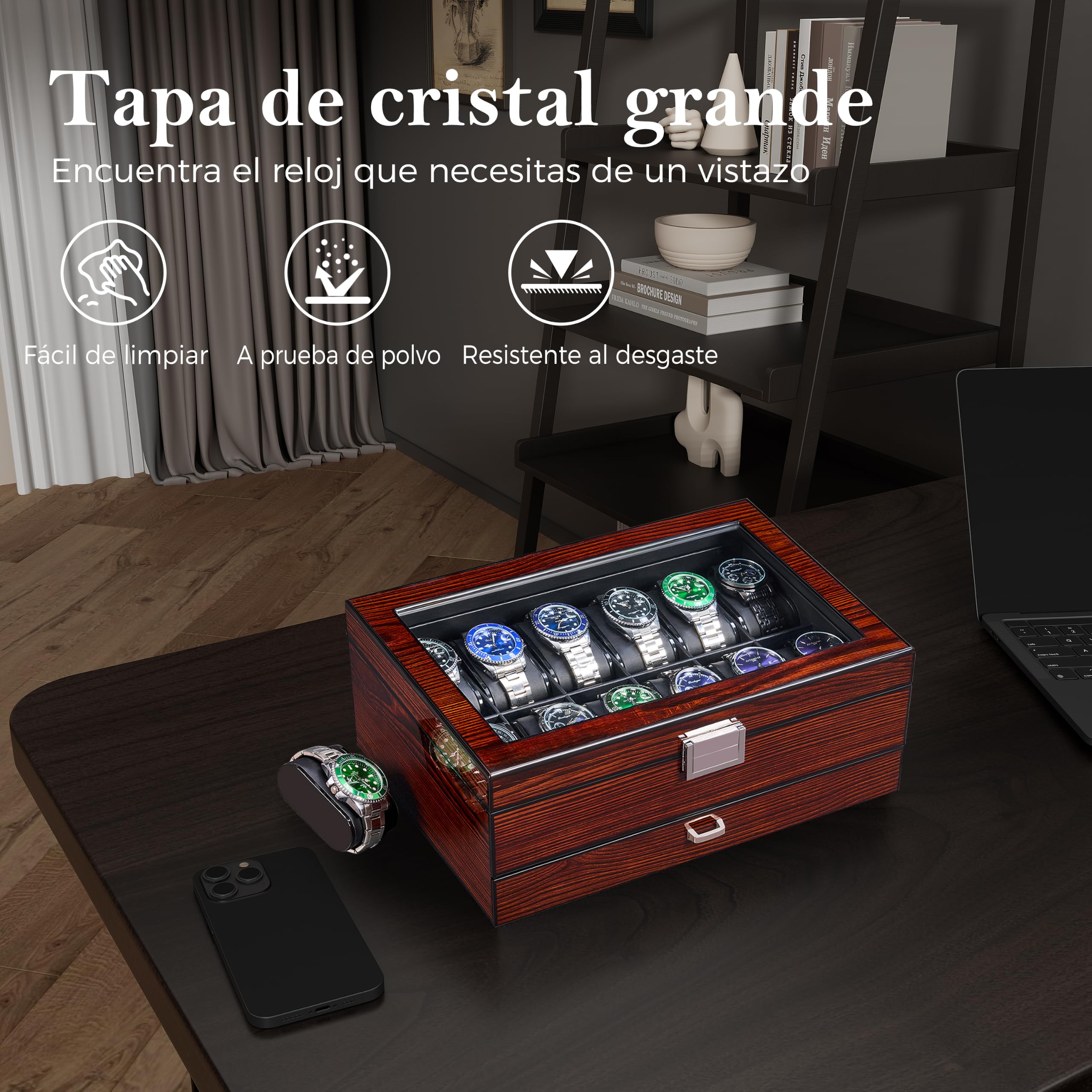 BEWISHOME Caja para 12 relojes de lujo con tapa de cristal y bisagra de metal, marrón
