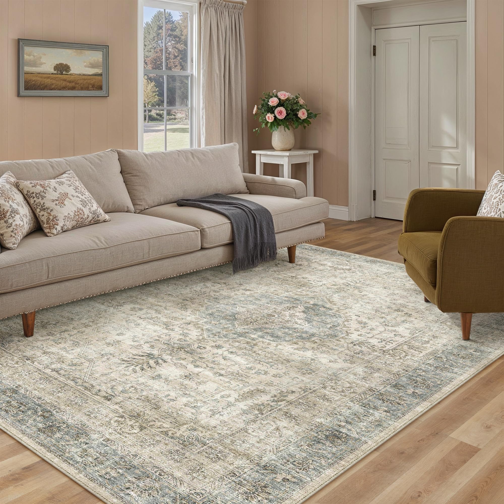 PureCozy Vintage Rugs Living Room 120x170cm Beige Blue Area Rug Machine Washable Non Slip Kids Bedroom Large Carpet Bedside Nursery Lounge Office Playroom Low Pile Carpets — image 1