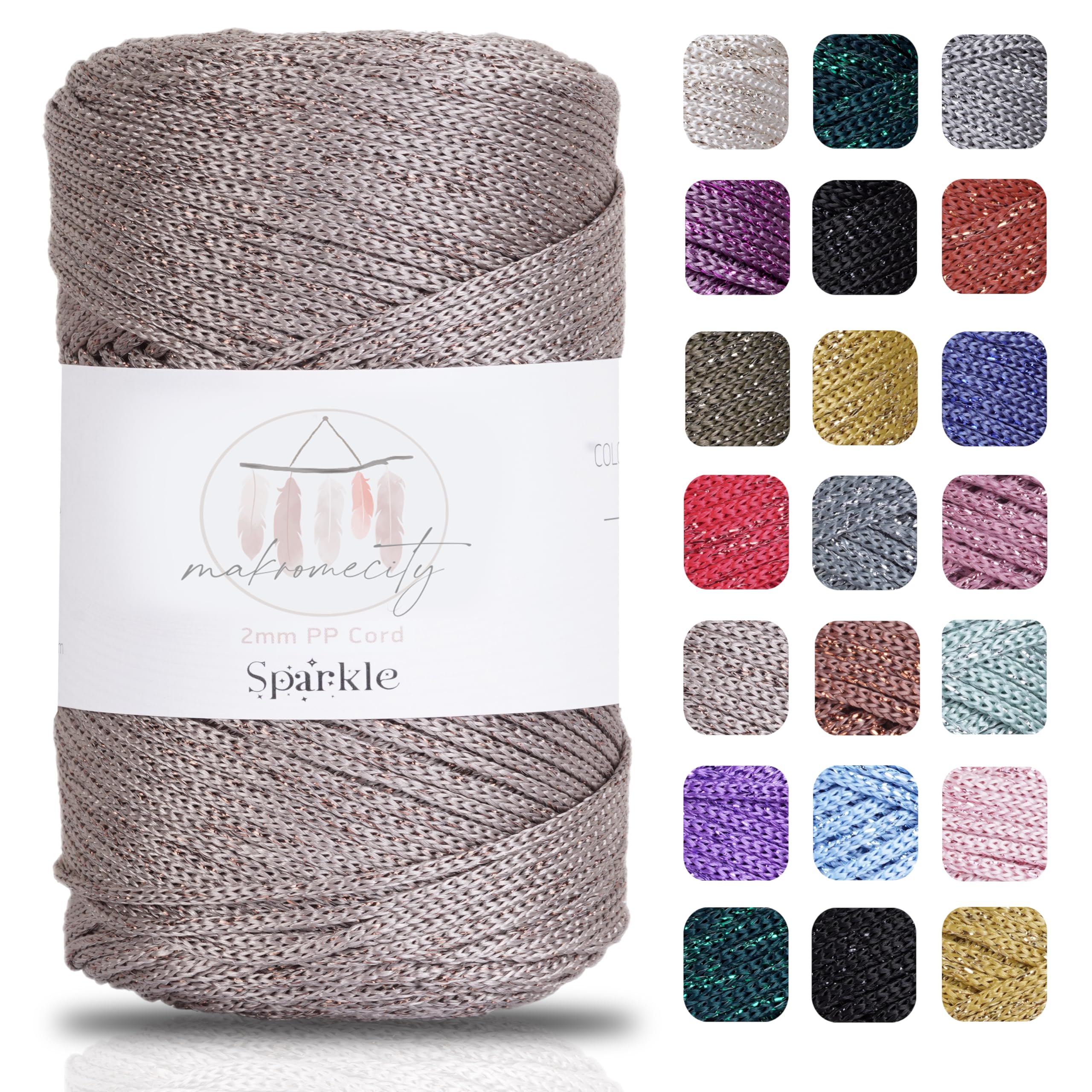 Makromecity, Sparkle Polyester Macrame Cord 2mm x 250 Yards (750 feet) 2mm Polypropylene Macrame Cord for Macrame Art & Crafts for Wall Hangings, Bags, Underplate, Rug
