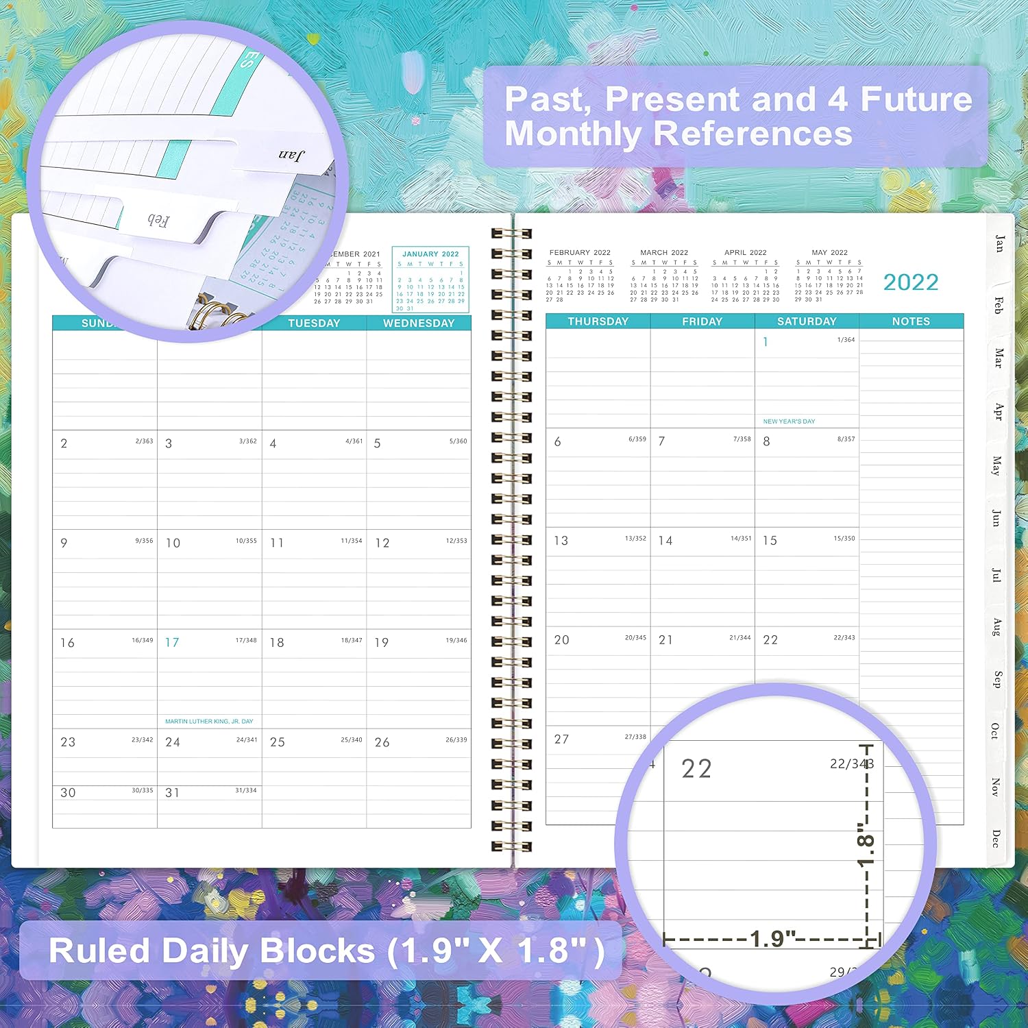 2022-2023 Monthly Planner - 18-Month Planner with Tabs & Pocket, Jan. 2022 - June. 2023, Contacts and Passwords, 8.5" x 11", Thick Paper, Twin-Wire Binding - Oil Painting