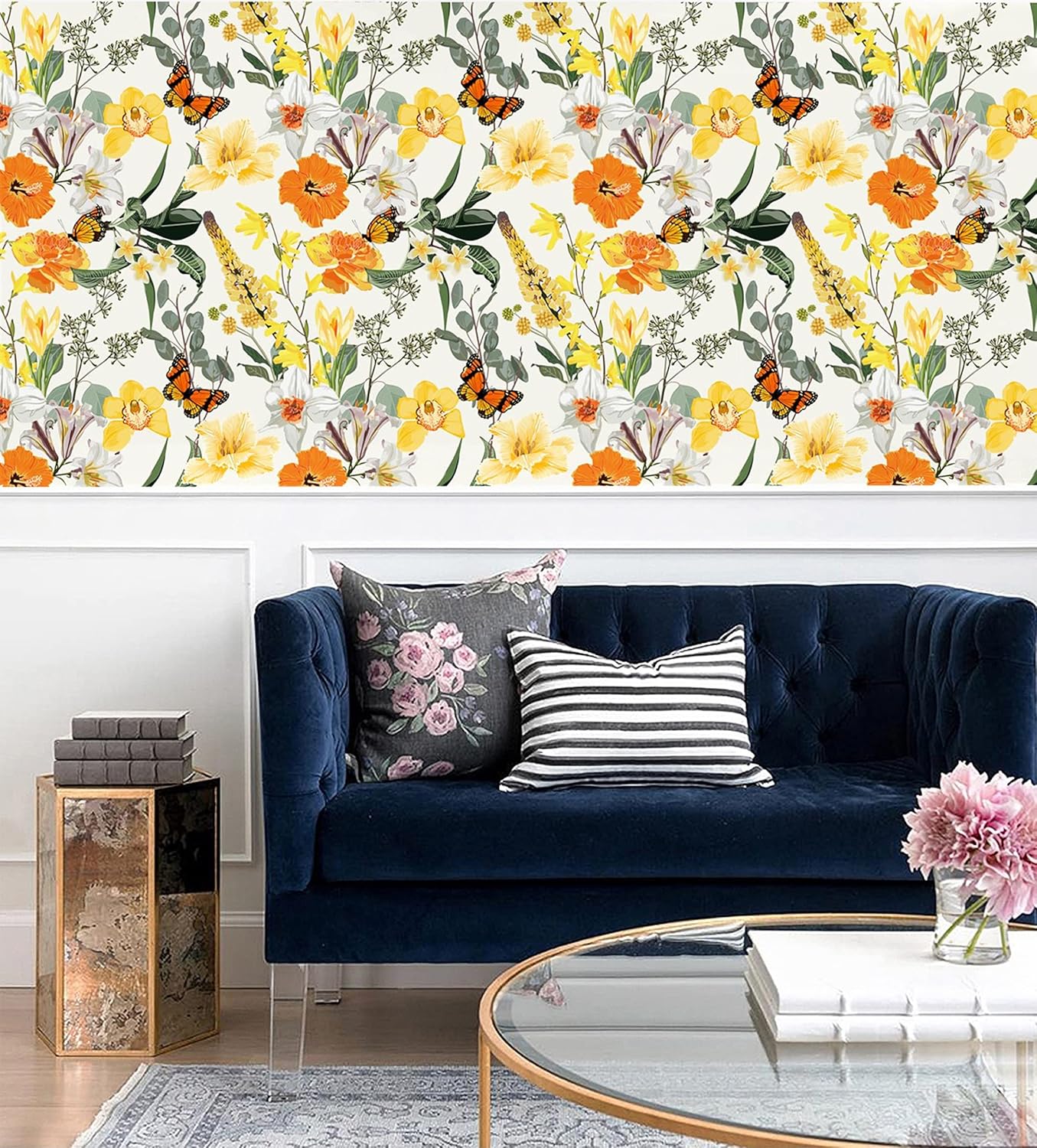 Blooming Wall DPYC07 Yellow White Flower Leaf with Butterfly Peel and Stick Wallpaper Self-Adhesive Prepasted Wallpaper Wall Decor