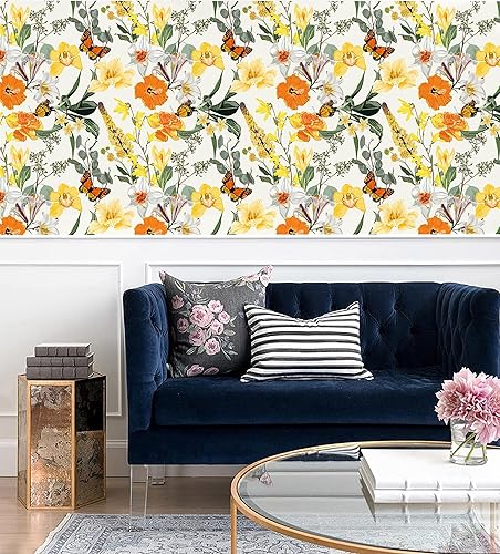 Miniatura 2 de Blooming Wall DPYC07 - Papel tapiz autoadhesivo con hojas de flores blancas y amarillas con mariposas, autoadhesivos, prepegados, decoración de pared