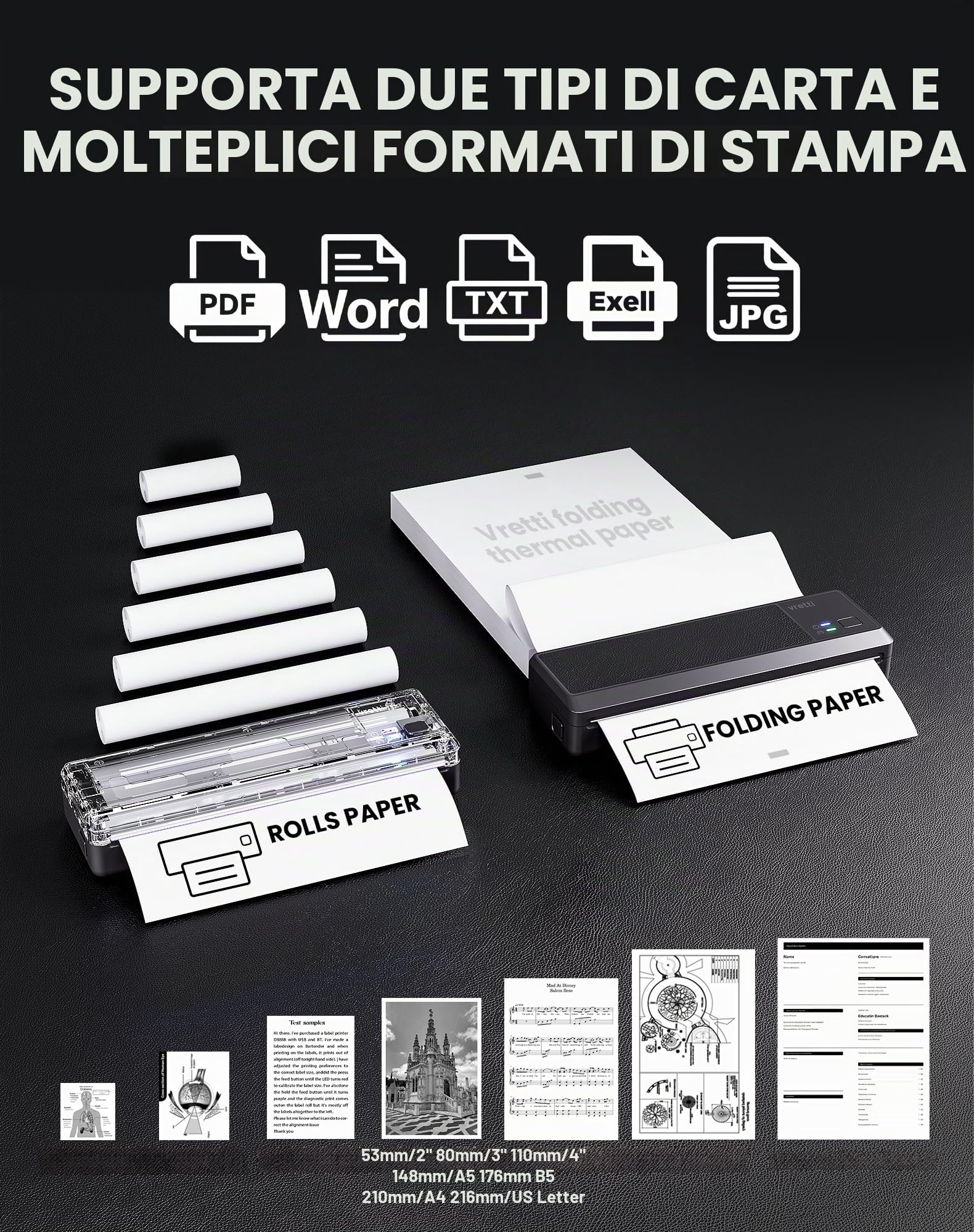 vretti Stampante Portatile A4 Compatibile con Phone/PC/USB, Bluetooth | Wireless Stampante Termica Stampa Contratti/Ricevute/Documenti,3 Rotoli di Carta, Nero