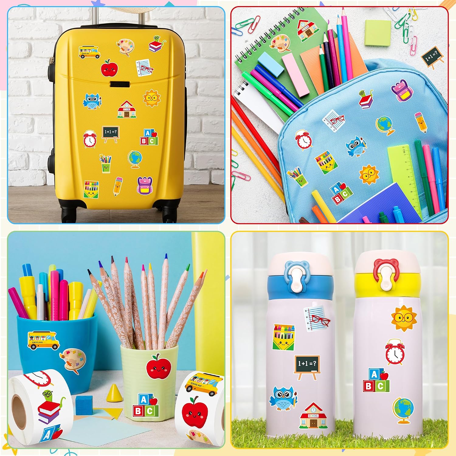 BeYumi Back to School Sticker - 1000Pcs Back to School Cute Cartoon Stickers in 2 Rolls Waterproof Vinyl First Day of School Decals for Preschool Kindergarten Gift Bottle Luggage Bag Envelope Decor
