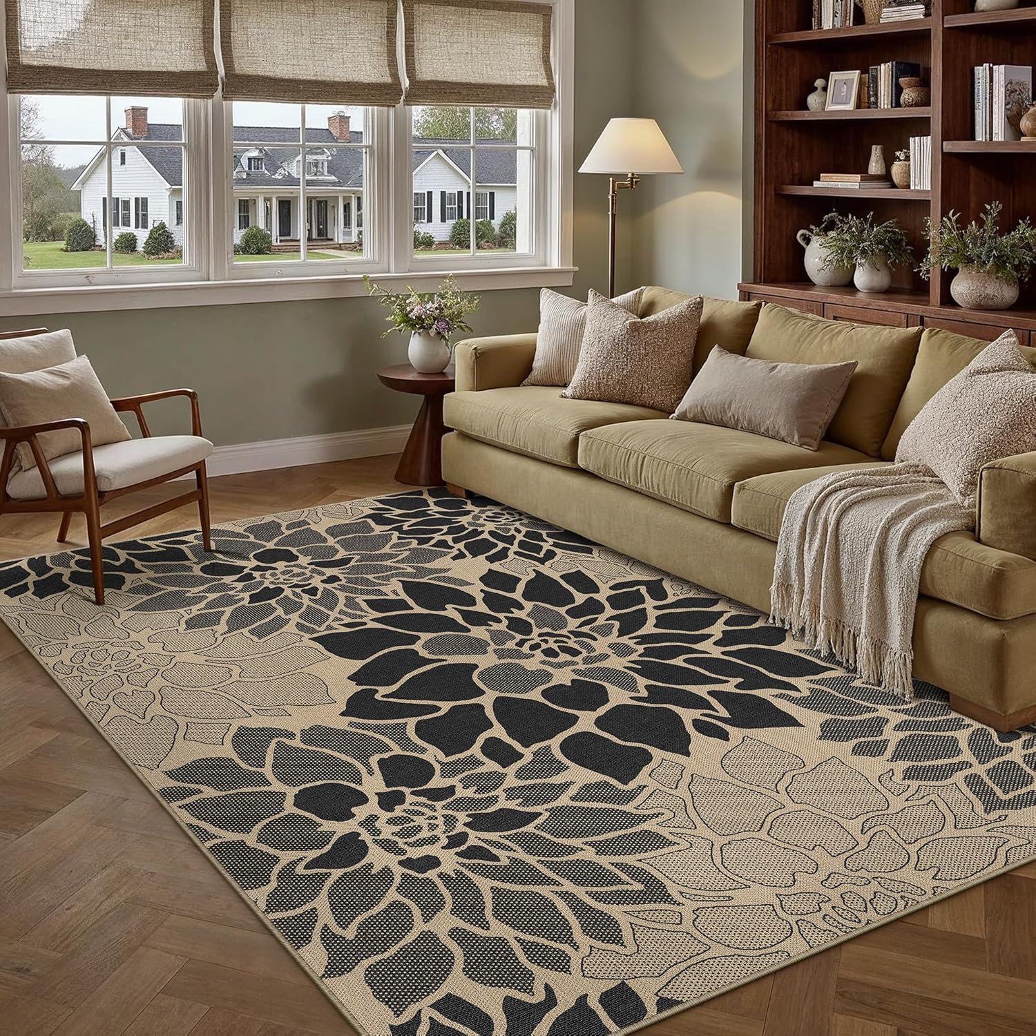 PureCozy 5x7 Easy Jute Outdoor Rug Black Floral Textured Indoor Outdoor Area Rug Farmhouse Patio Carpet for Backyard, Patio, Porch, Easy-Cleaning, High Traffic, Pet-Friendly, Non-Shedding