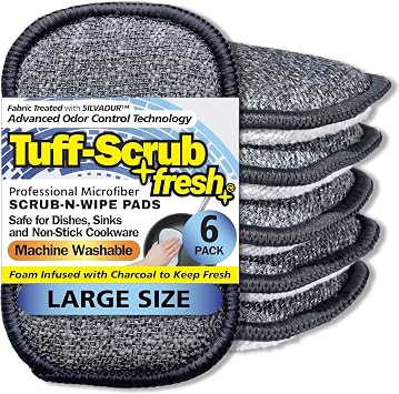 Fresh Scrub-N-Wipe Pad by Tuff-Scrub, 6-Pack, Antimicrobial & Charcoal Foam for Odor Control, Microfiber, Multi-Surface, Non-Scratch, Dual-Sided, Machine Washable, Kitchen Sponge Large