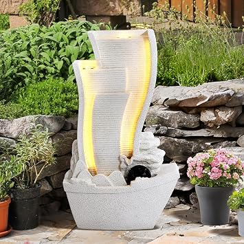 24" Outdoor Large Garden Fountain, 4-Tier Cascading Water Fountain with LED Lights, Resin Curved Faux Slate Waterfall Fountains, Modern Sailing Ship Water Feature for Yard and Patio, White