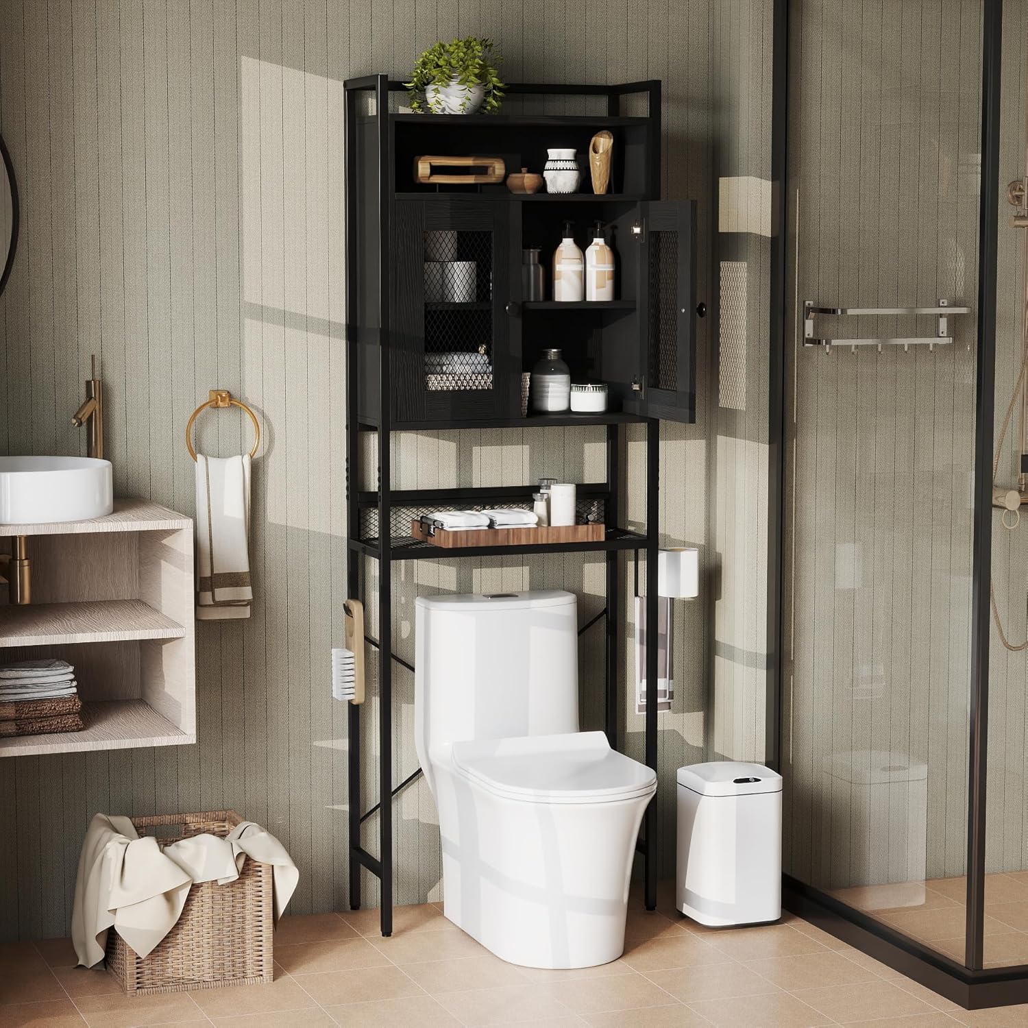 Tangkula Over The Toilet Storage Cabinet, 5-Tier Space Saver Above Toilet with 2 Mesh Doors, Metal Stand, Toilet Paper Holder & Hook, Freestanding Bathroom Cabinet Organizer for Laundry, Black